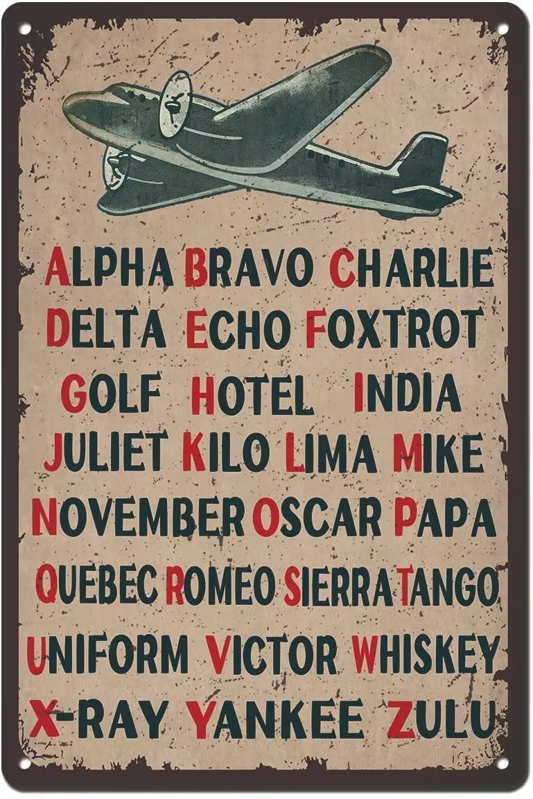 Pilot Code Phonetic Alphabet Retro Metal Tin Sign for Women Men 8x12 Inch