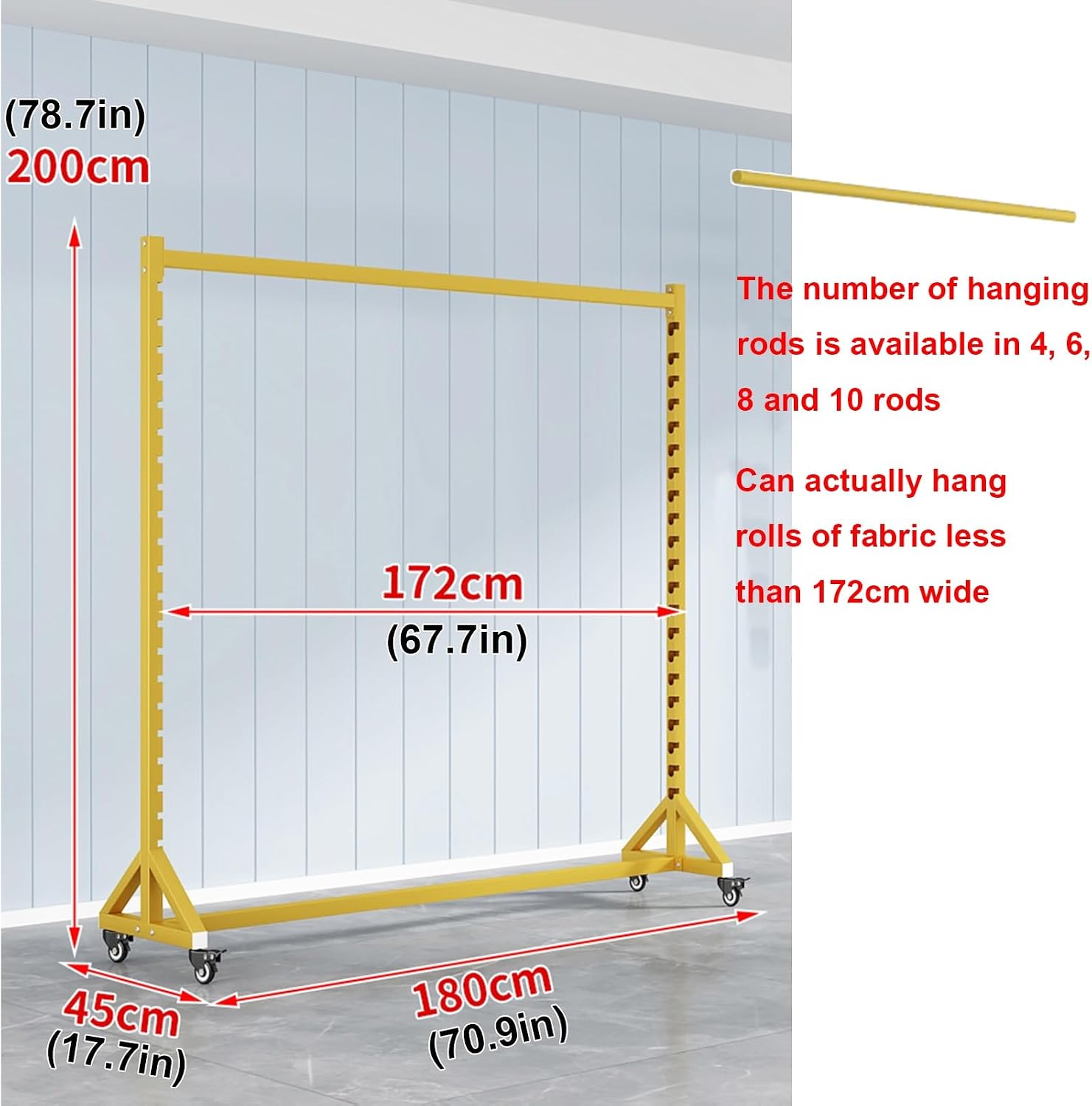 Commercial Textile Fabric Display Racks Vinyl Wrap Roll Holder, Movable Heavy Duty Steel Shelf Organizer with Adjustable Hanging Rod for Tablecloths/Car Window(Gold-180cm-4 rods