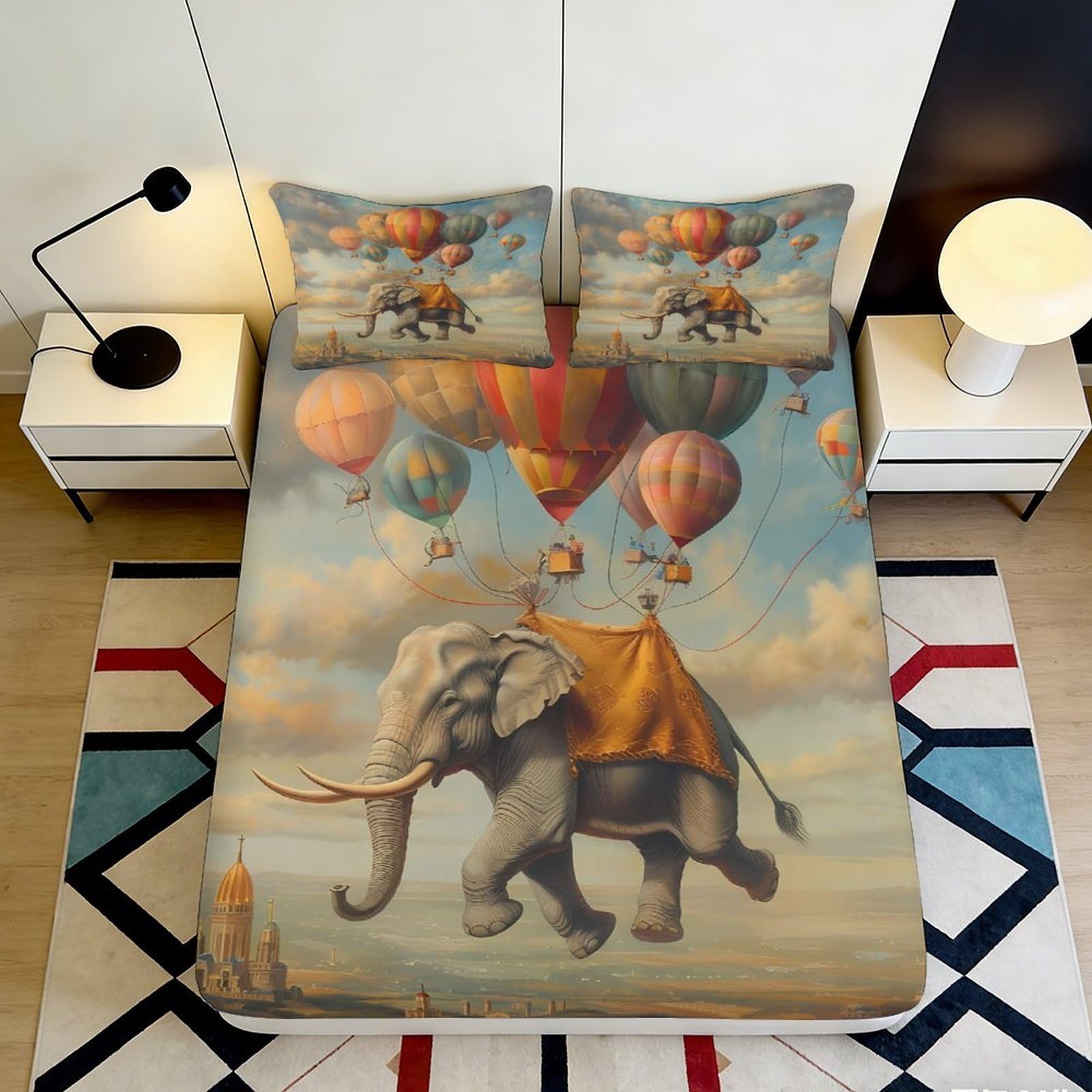 Pnayamiorkfel Style-1 3D Printed Flying Elephant Fitted Sheet Microfiber Soft Hot Air Balloon Bed Cover For Bedroom Dorm Mattress Protection Decor 90X200x25cm