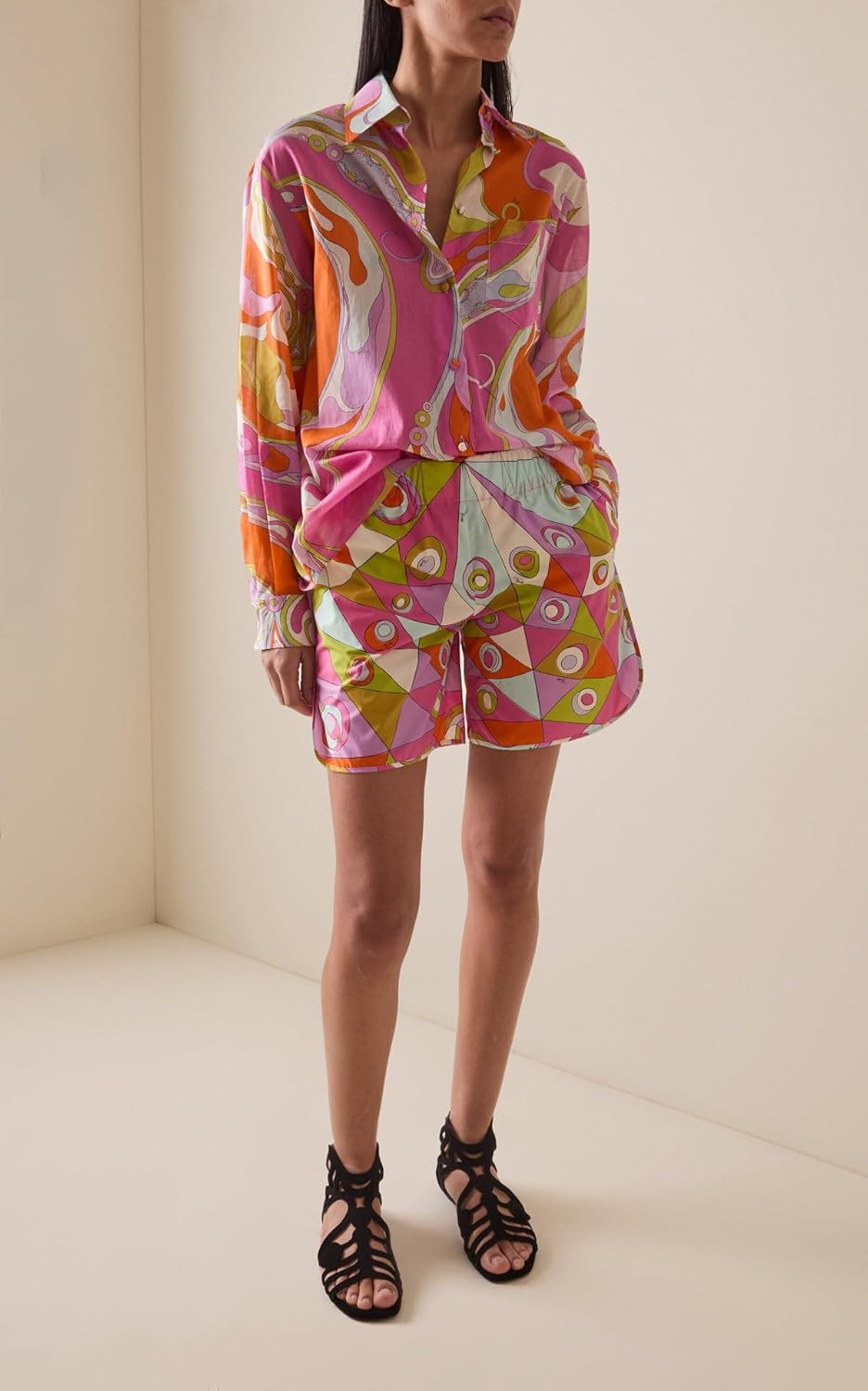 REASERAL Women's Print Two Piece Outfit with Long Sleeve Button Shirt Top Elastic Waist Shorts Vacation Sets