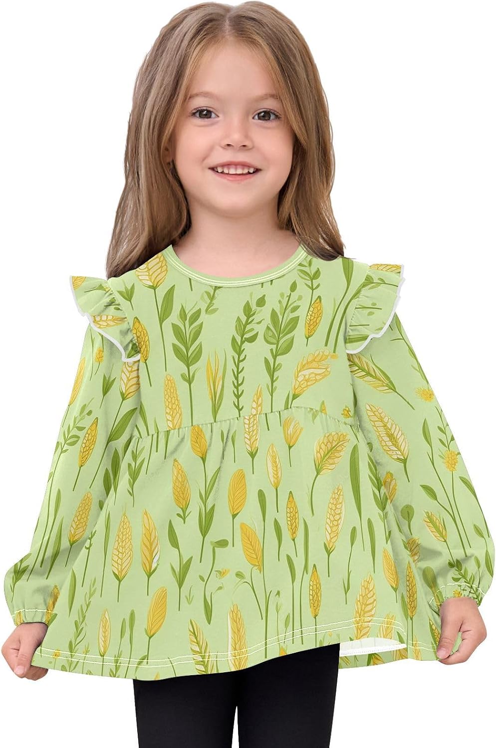 visesunny Toddler Clothes for Girls Green Wheat Autumn Long Sleeve Fall Shirts Cotton Top with Ruffle Collar