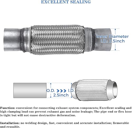 Miniatura 5 de Tubo flexible de escape de 2.5 pulgadas - RP Remarkable Power, tubo flexible de 2.5 ID x 12 de longitud, tubo silenciador universal de servicio