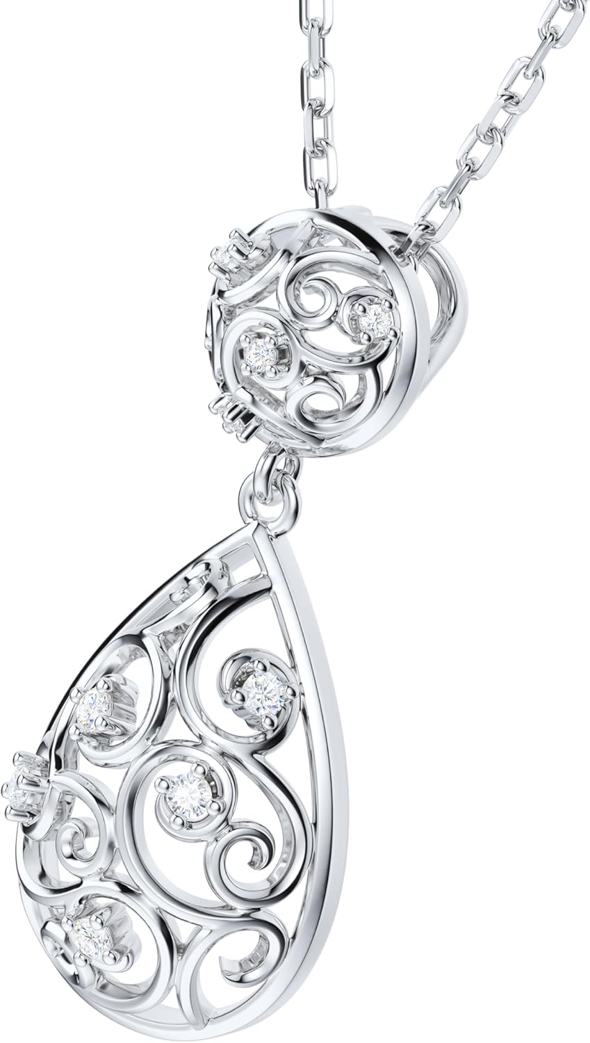 THELANDA Genuine Moissanite Sterling Silver 3D Filigree Water Drop Pendant Necklace, Adjustable 18-20 Inch Chain with Lobster Clasp, Elegant Fine Jewelry Gift for Women - Image 2