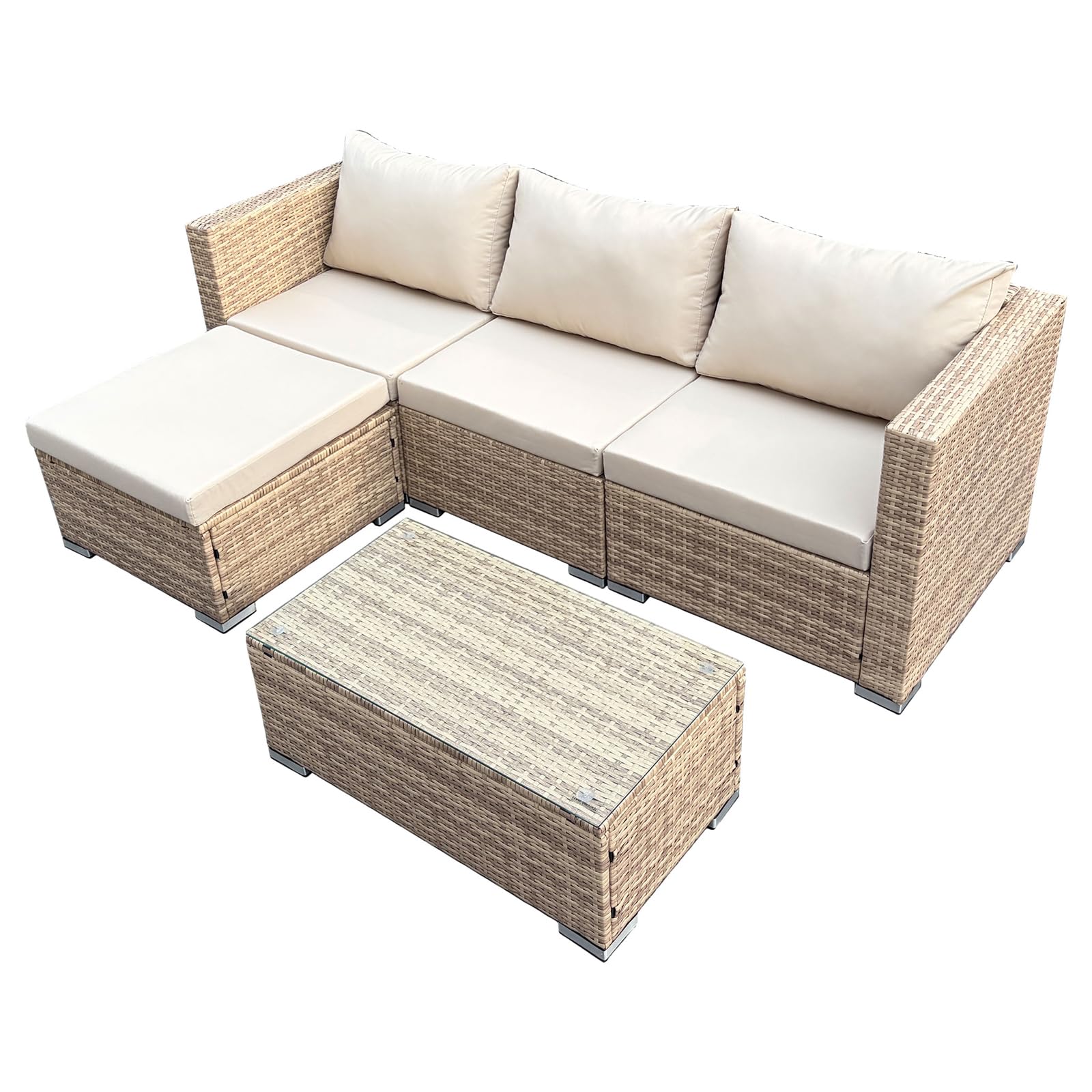 SVITA Queens Gartenlounge 5-teilig Polyrattan Lounge Set wetterfest Garten Terrasse Balkon inkl. Kissen Glas Tisch Beige