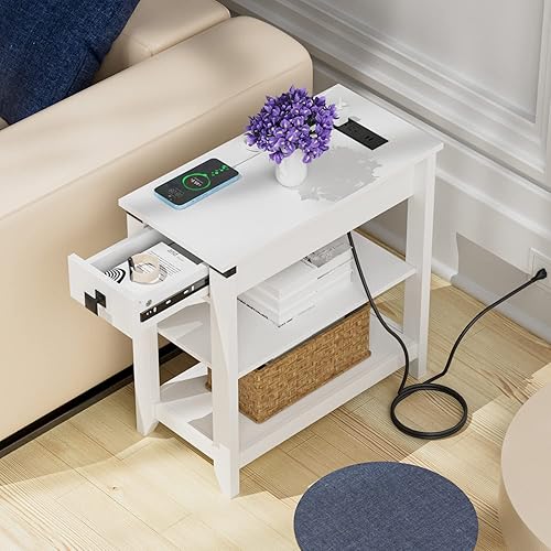 Miniatura 4 de Mesa auxiliar estrecha con estación de carga, mesa auxiliar con puertos USB y tomas, mesita de noche para espacios pequeños, mesa auxiliar delgada