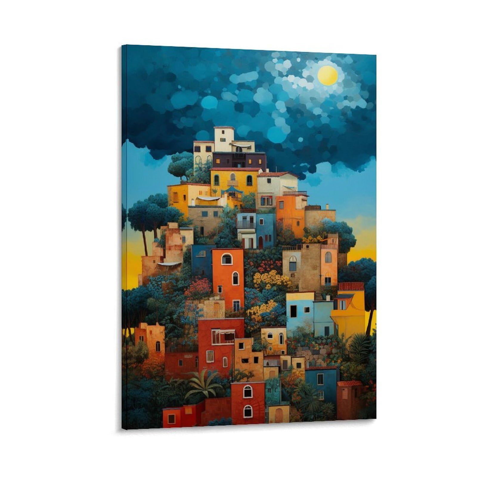 GMUKIFFY Abstract Village Painting on Canvas Wall Art Town Houses Landscape Nature Stretched And Framed Canvas Prints Artwork for Home Decorations Ready to Hang Wall Decor 12x18inch(30x45cm)