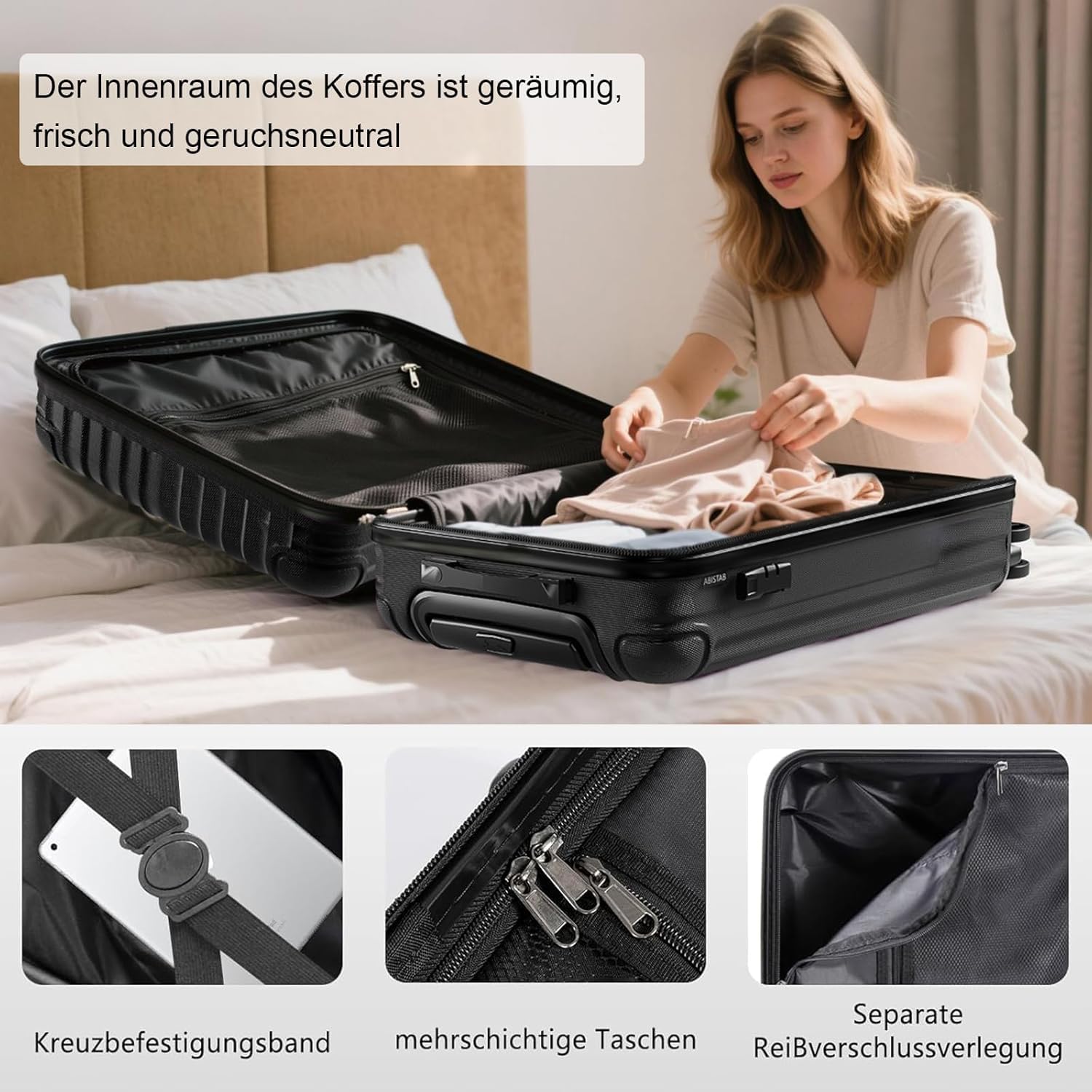 Handgepäck Koffer 55x35x23cm, Hartschalen Reisekoffer klein, leicht Koffer Trolley mit 4 Rollen & Zahlenschloss, Schwarz