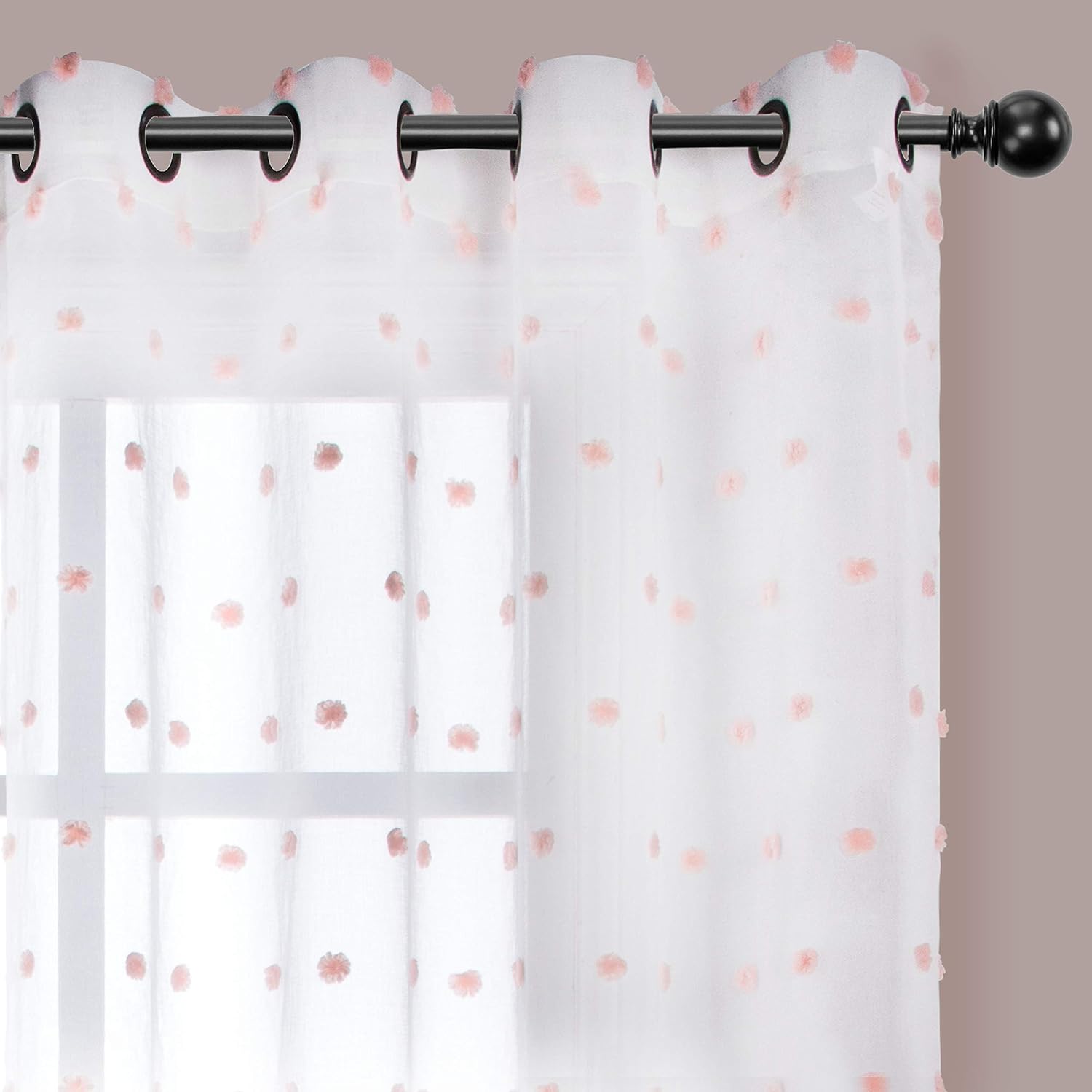 BONZER White Pom Pom Sheer Curtains for Kids Room Grommet Transparent Voile Window Curtain for Nursery,Blush, 52 x 84 Inch, Set of 2 Panels