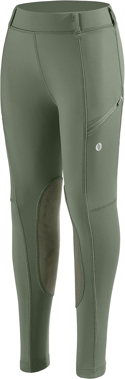 SANTINY Girls Horse Riding Pants with Zipper Pockets Kids Stretchy Equestrian Breeches Knee-Patch Youth Schooling Tights