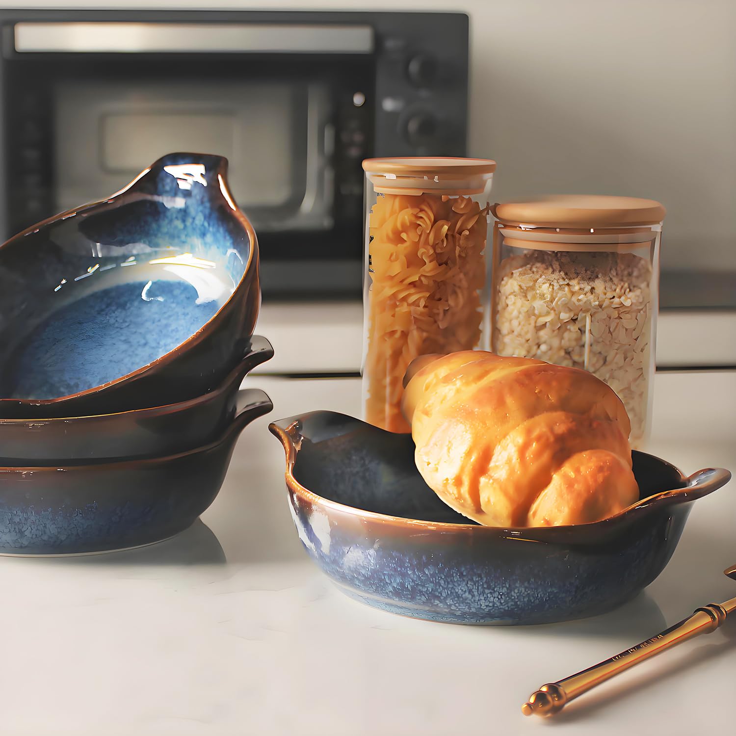 LIUYWYHCF Ceramics Au Gratin baking Dishes Set of 2, Baking Tray Bake ware, 10.5 oz Ramekins, for Pie Pan, Appetizer, Tart, Dessert, Quiche, Oven Small dish, individual dishes (Deep Round 9.5 Inch)