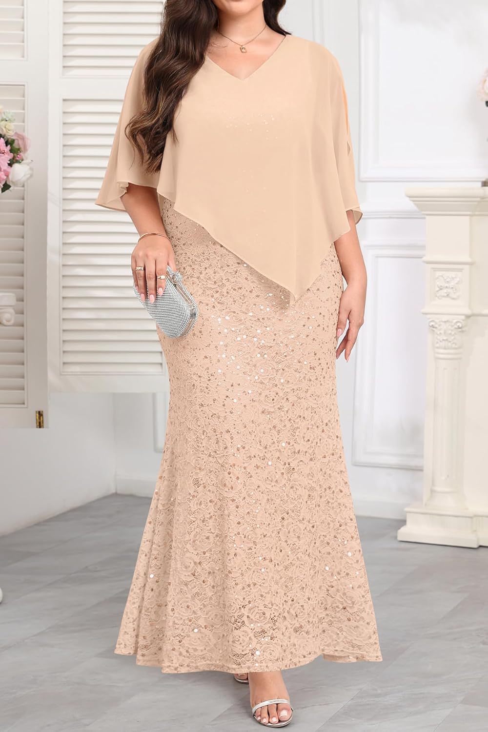 Plus Size Formal Dress - Evening Sequin Lace Long Mermaid Prom Dress with Chiffon Overlay Cape - Image 5