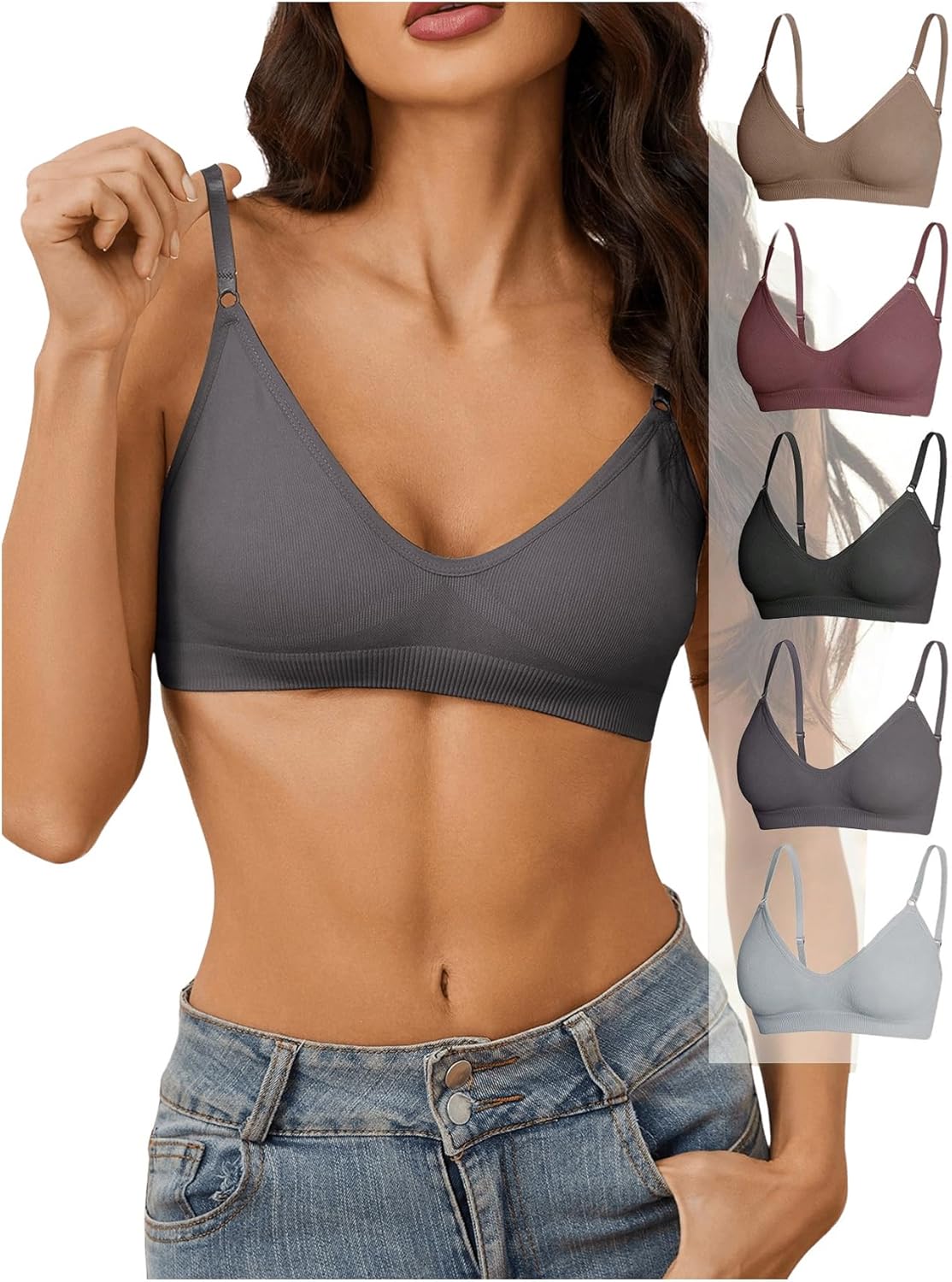 OYOANGLE Women's 5 Pieces Rib Knit Spaghetti Strap V Neck Wireless Bra Set Seamless Solid Plain No Padded Bralette
