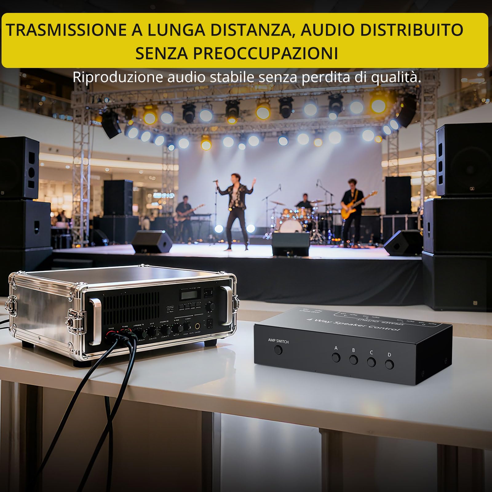 PROZOR Commutatore Altoparlanti 4 Zone Switch Passivo 1 Ingresso 4 Uscite 150W/Canale Selettore Passivo Altoparlanti 4 Zone Controllo Indipendente Zone A/B/C/D con Interruttore Master