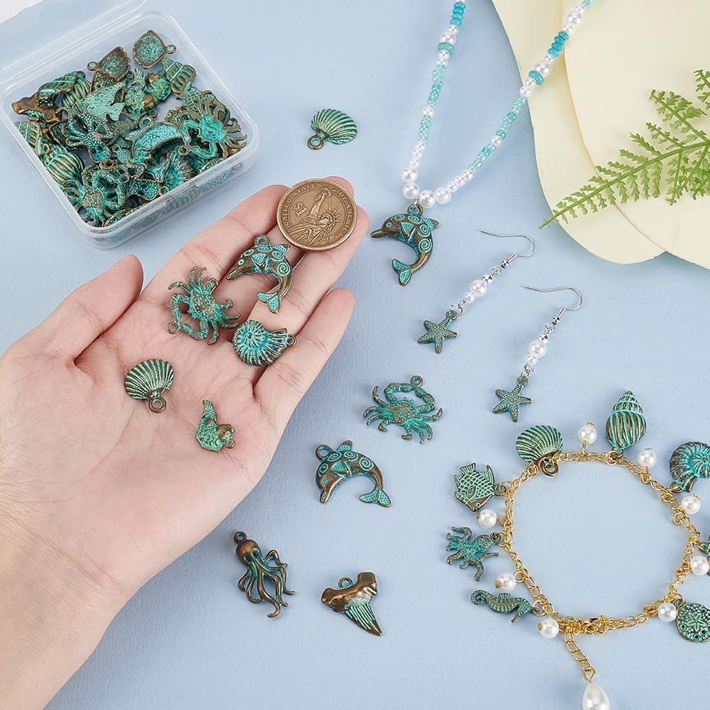 PH PandaHall 64Pcs 16 Styles Ocean Theme Charm Sea Life Charms Bulk Antique Bronze Turquoise Color Ocean Animal Vintage Fish Charms for DIY Jewelry Making Charms Necklace Bracelet Earring - Image 4