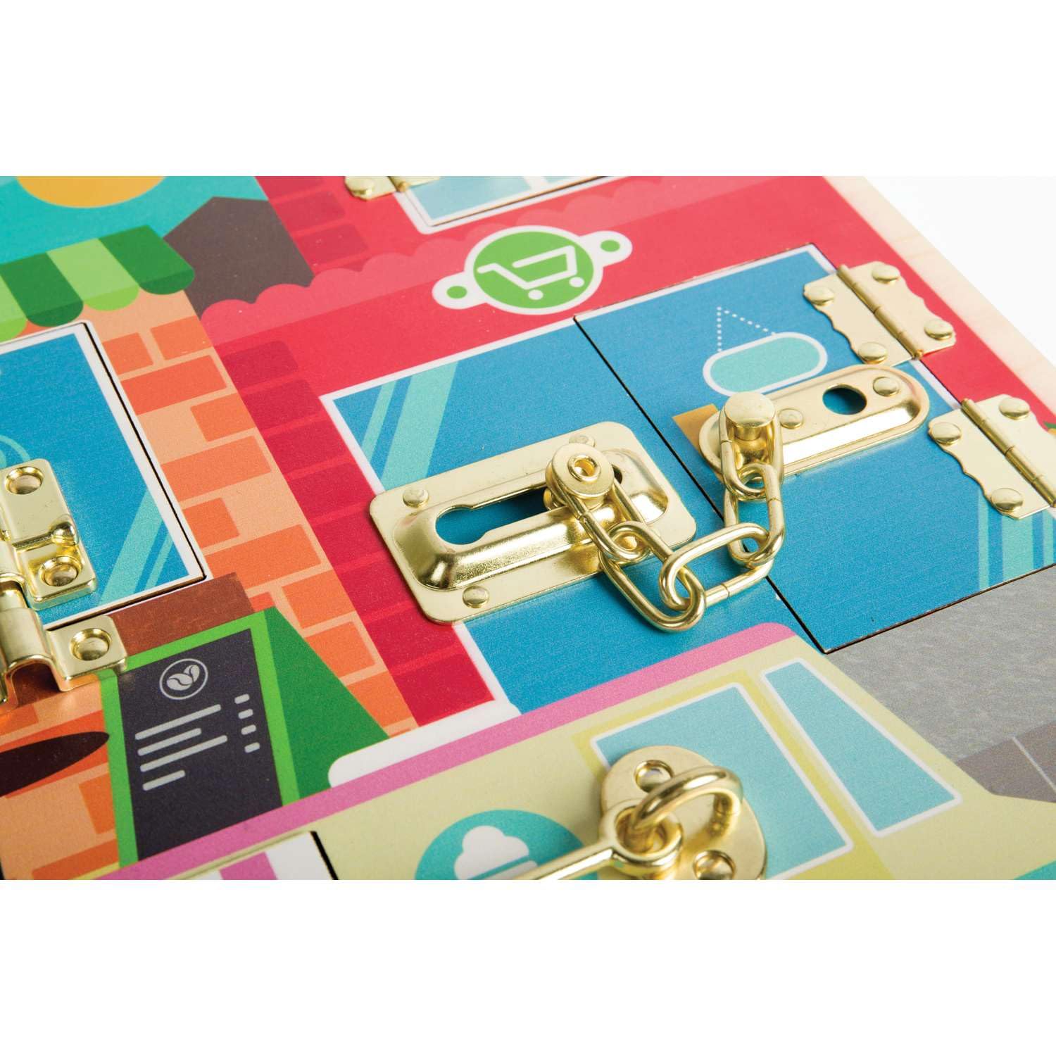 Bigjigs Toys Drewniane zatrzaski i zaczepy – drewniana deska Montessori z 6 zamkami, rozwija umiejętności motoryczne, logikę i wyobraźnię, wysokiej jakości drewniane zabawki sensoryczne