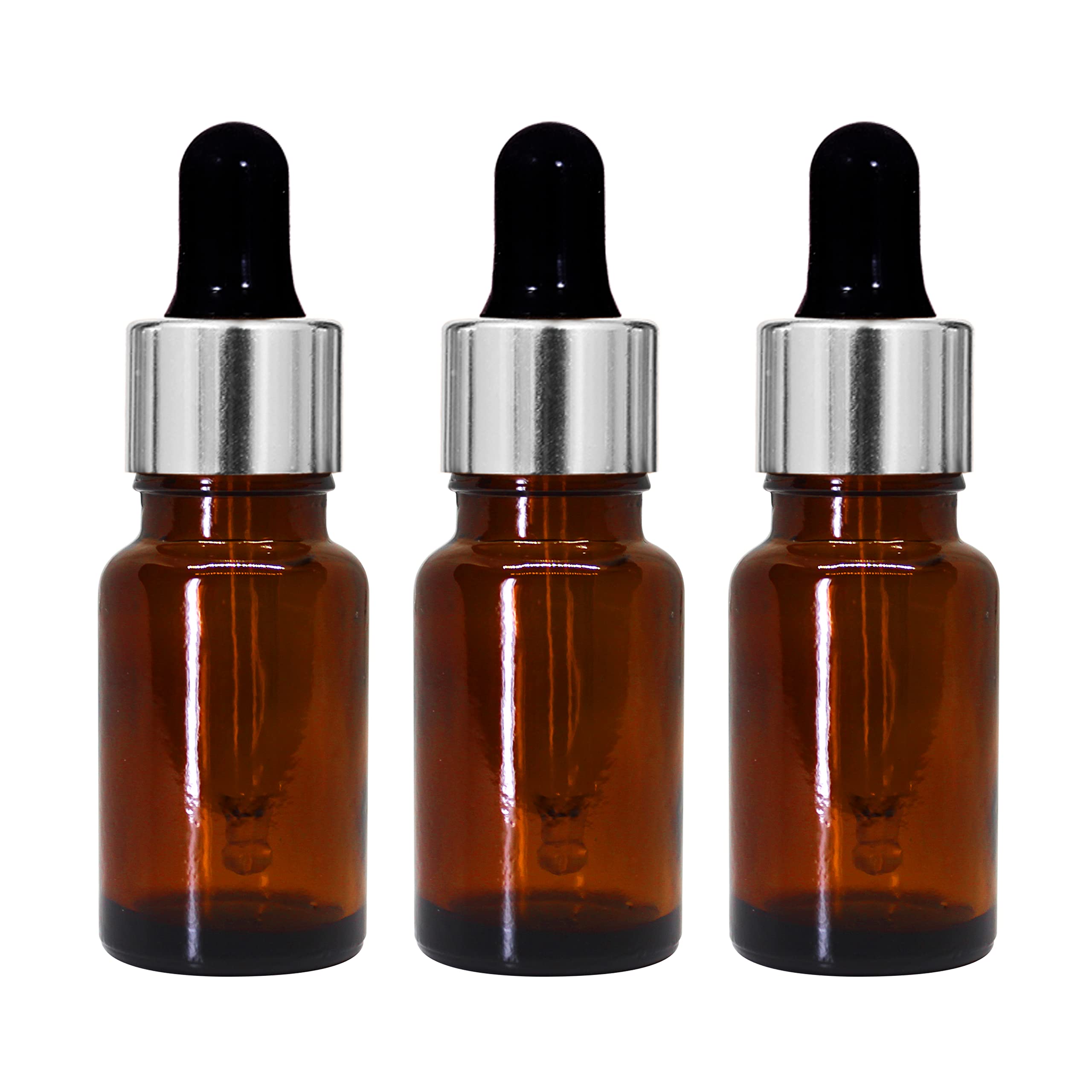 10 ML Amber Round Empty Glass Bottle + Glass Dropper + Silver Ring + Silcon Black Teat, Refillable, Leak Proof For Essential Oils, DIY Perfumes (Pack of 24)-image-32