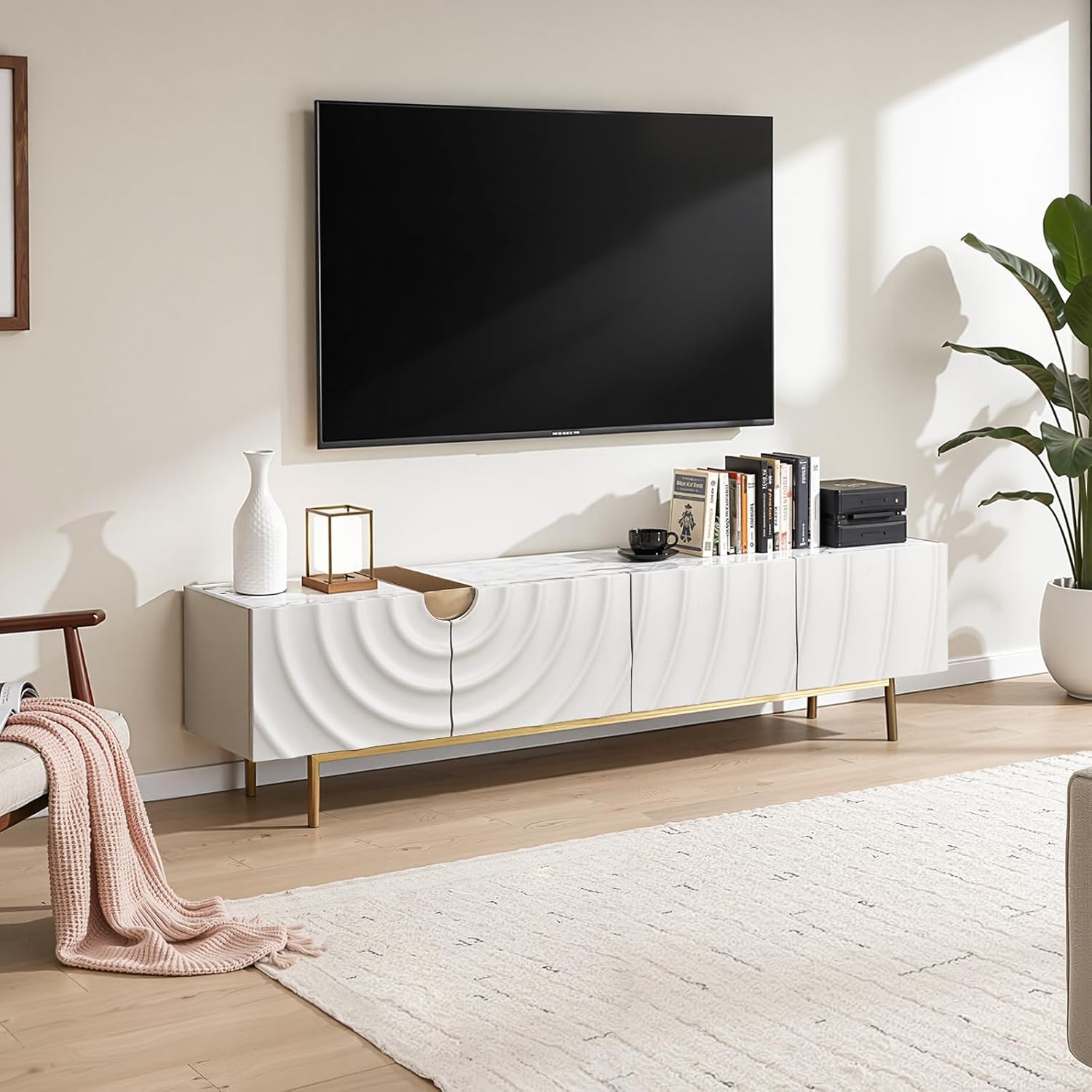 79" White TV Stand with Storage for Living Room,Luxury Modern Entertainment Center TV Console Fits TVs up to 90",TV Console Table Media Stand with Cabinet,Sintered Stone Top,Gold Metal Legs