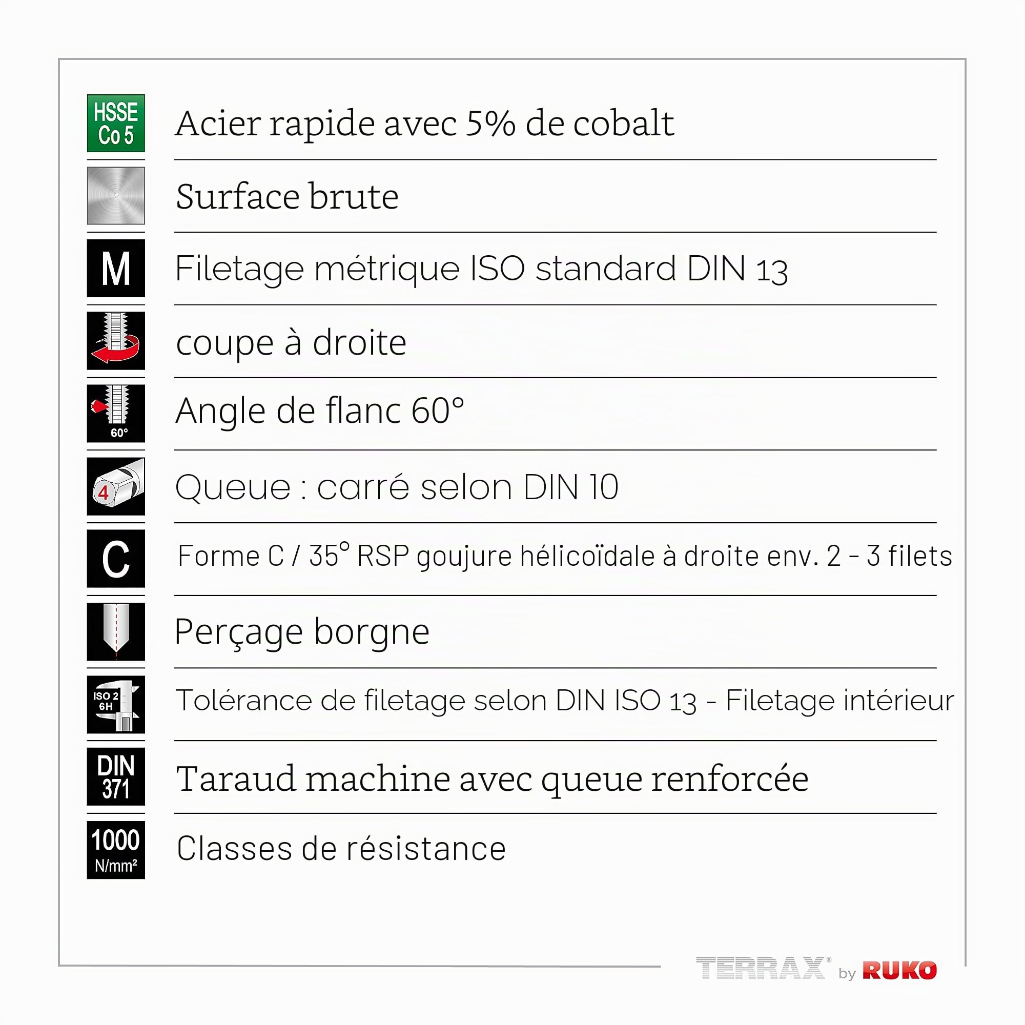 TERRAX by Ruko A245058ETX Jeu de tarauds mécaniques M DIN 371/376 Forme C/35° RSP HSSE-Co 5 dans coffret en plastique