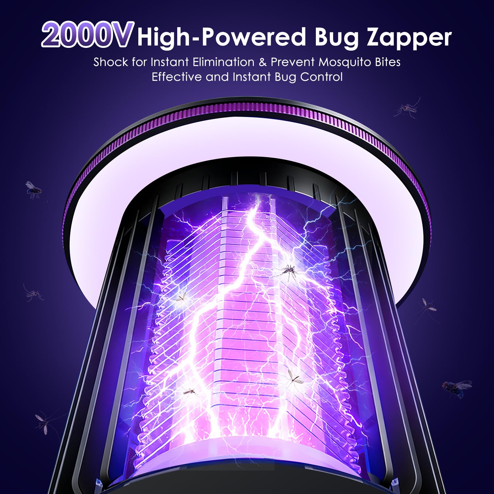 Bug Zapper Outdoor Indoor, 4-in-1 2000V Electric Mosquito Zapper with 2000mAh Battery, USB Charging, Low Noise, Portable Cordless Insect Zapper for Home Patio Kitchen Backyard Garden Porch - 3