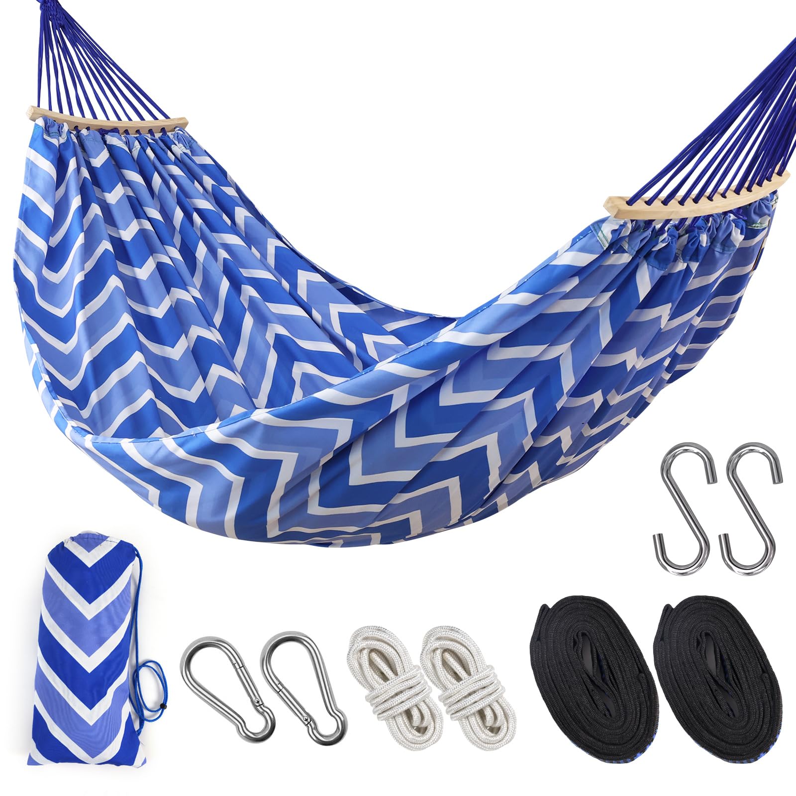 Double Hammock,9.5FT Extra Large Hammock with Carrying Bag, 2 Persons Hammock Portable Hanging Camping Bed for Patio, Backyard, Camping, Outdoor, Indoor, Porch, 290cm x 145cm, Blue Stripe