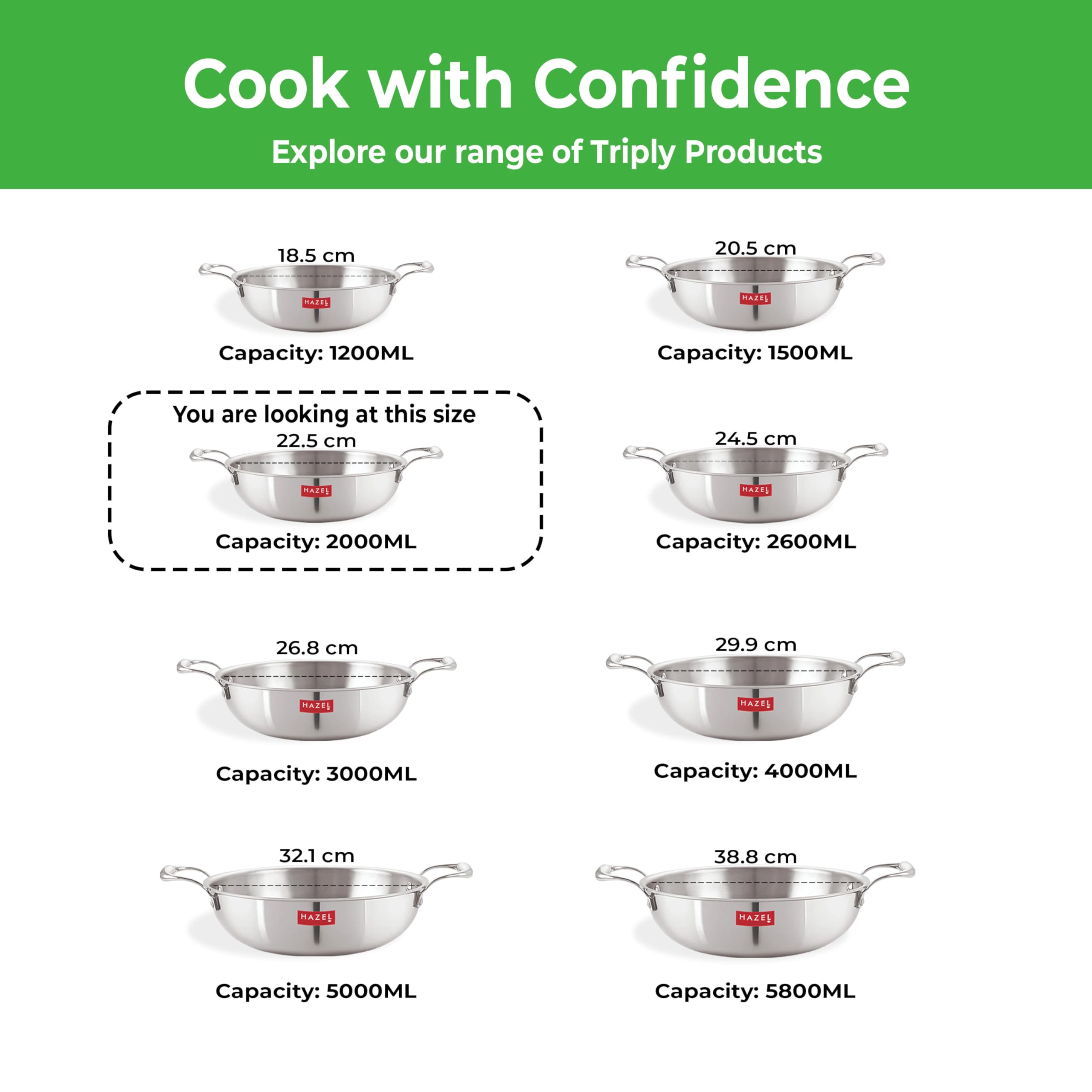 HAZEL Triply Stainless Steel Induction Bottom Kadhai with Stainless Steel Lid, 2 Litre, 22.5 cm - Image 7 thumbnail