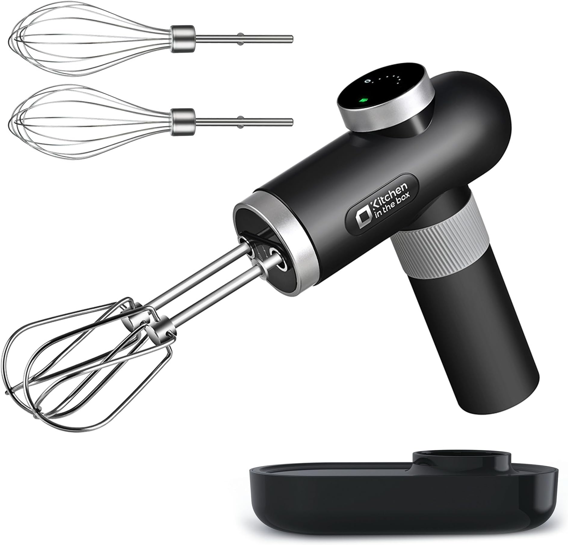 Cordless Rechargeable Hand Mixer for Kitchen, Portable Handheld Electric Mixer with Beaters, Whisks, 6-Speed Digital Display, Charging Base and USB-C Charge Cable (Classic Black)