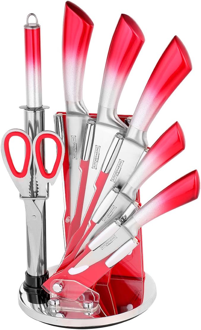 Knife Block Set with Scissors and Sharpener 8-Piece Stainless Steel Professional Kitchen Cutlery with acrylic Rotating Block Stand Dishwasher Safe Knives One Piece Knife Set (Red)