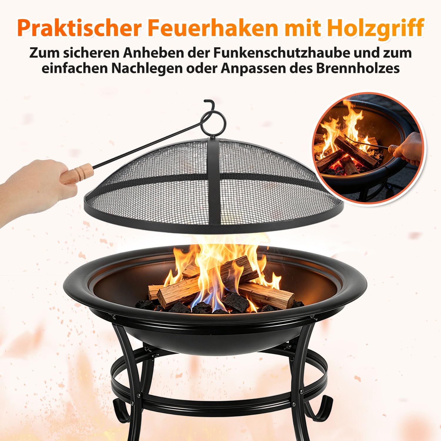 Feuerstelle Ø55cm mit Funkenschutz Schürhaken und wärmeisoliertem