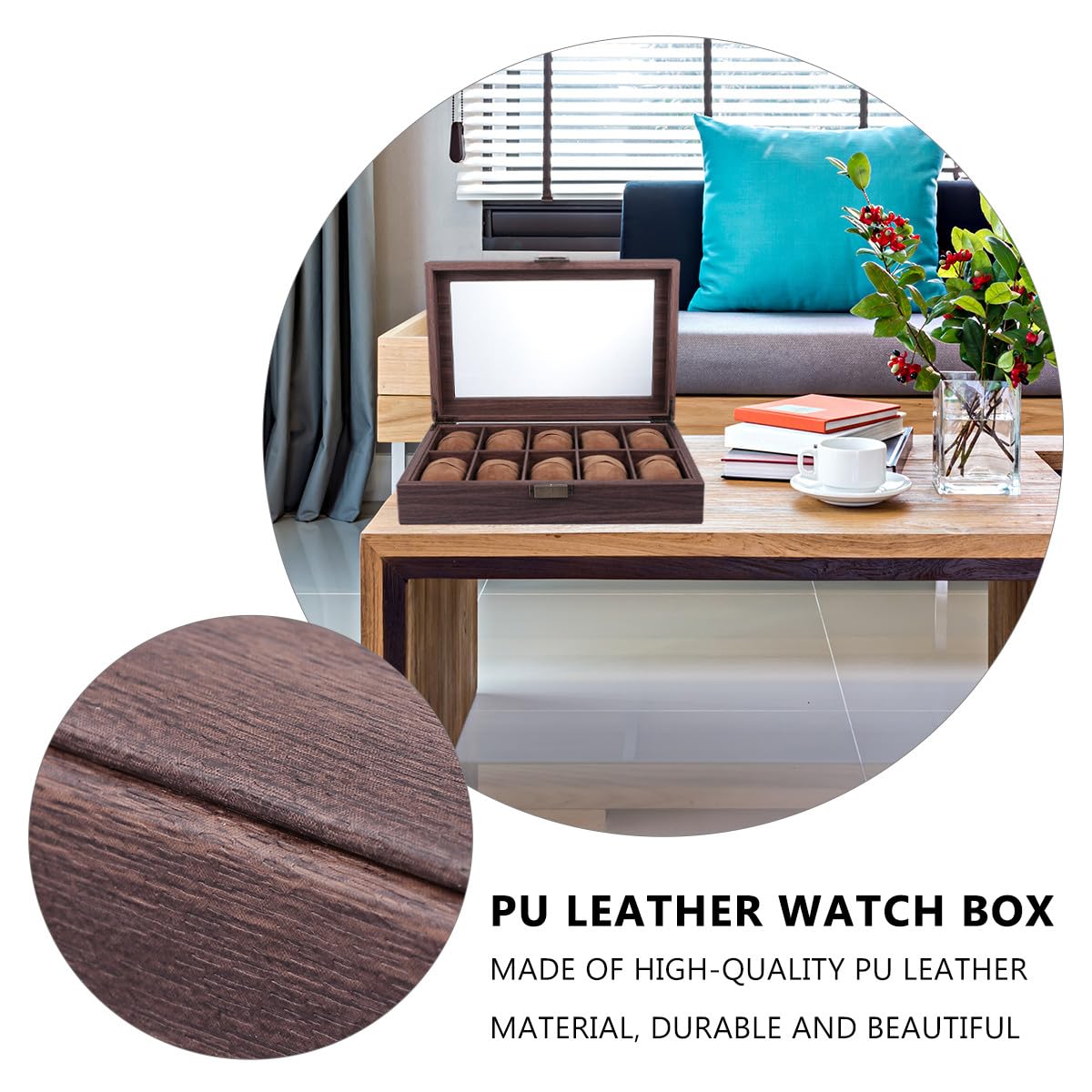 Scatola Porta Orologi in Pelle Pu e Legno 10 Scomparti Separati, Copertura Trasparente in Vetro, Organizer Elegante per Orologi e Gioielli Adatto a Uso Personale