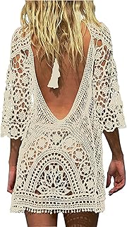 TBSCWYF Vestido de Playa Mujer Bohemia Boho Suelto Verano Traje de Baño Elegante Crochet Mangas Largas Sueltas Playa Hueco...