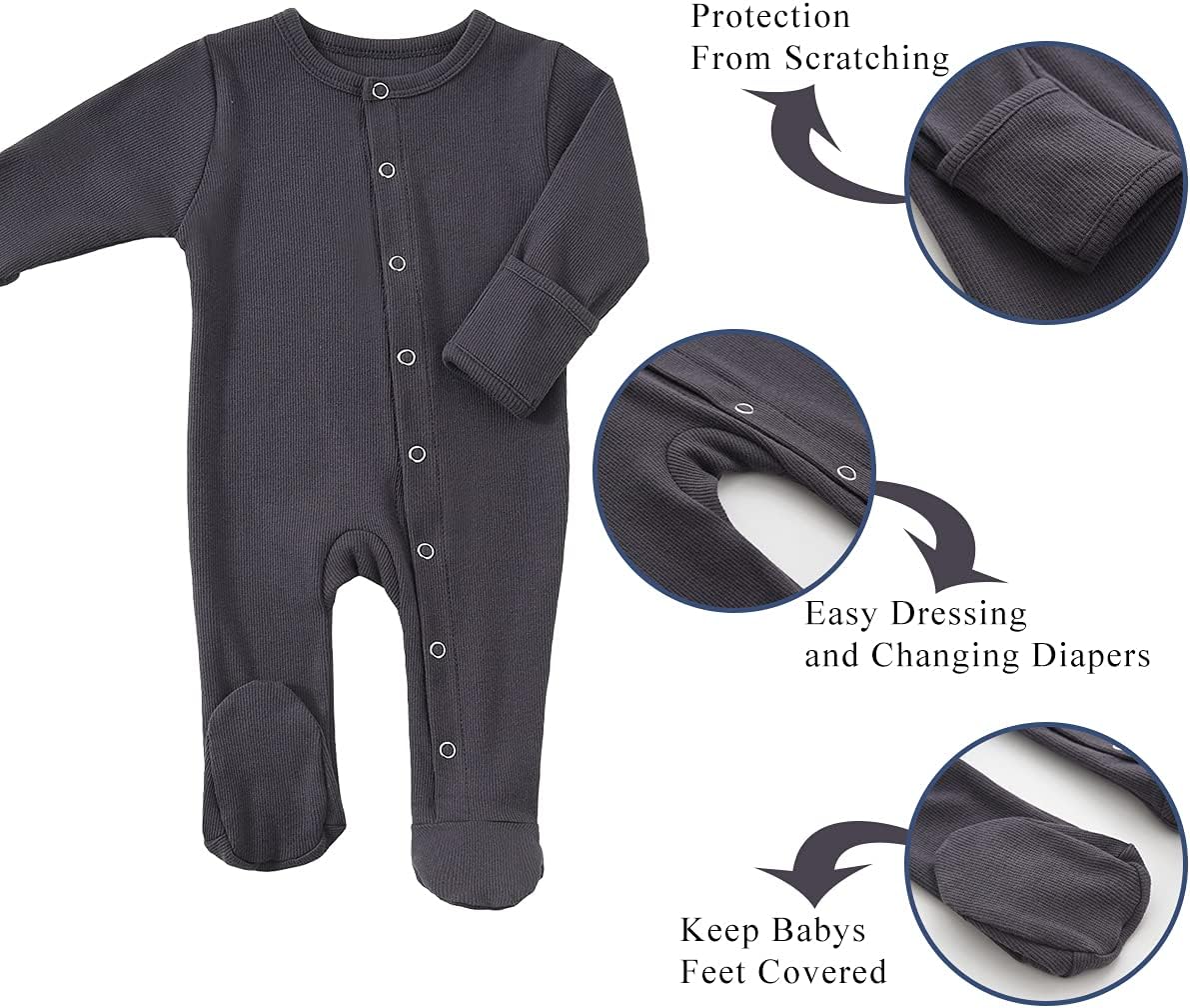 KISBINI Baby Footed Pajamas with Mitten Cuffs Unisex Cotton Snap-up Romper Jumpsuit Sleep and Play 0-12 Months Footies