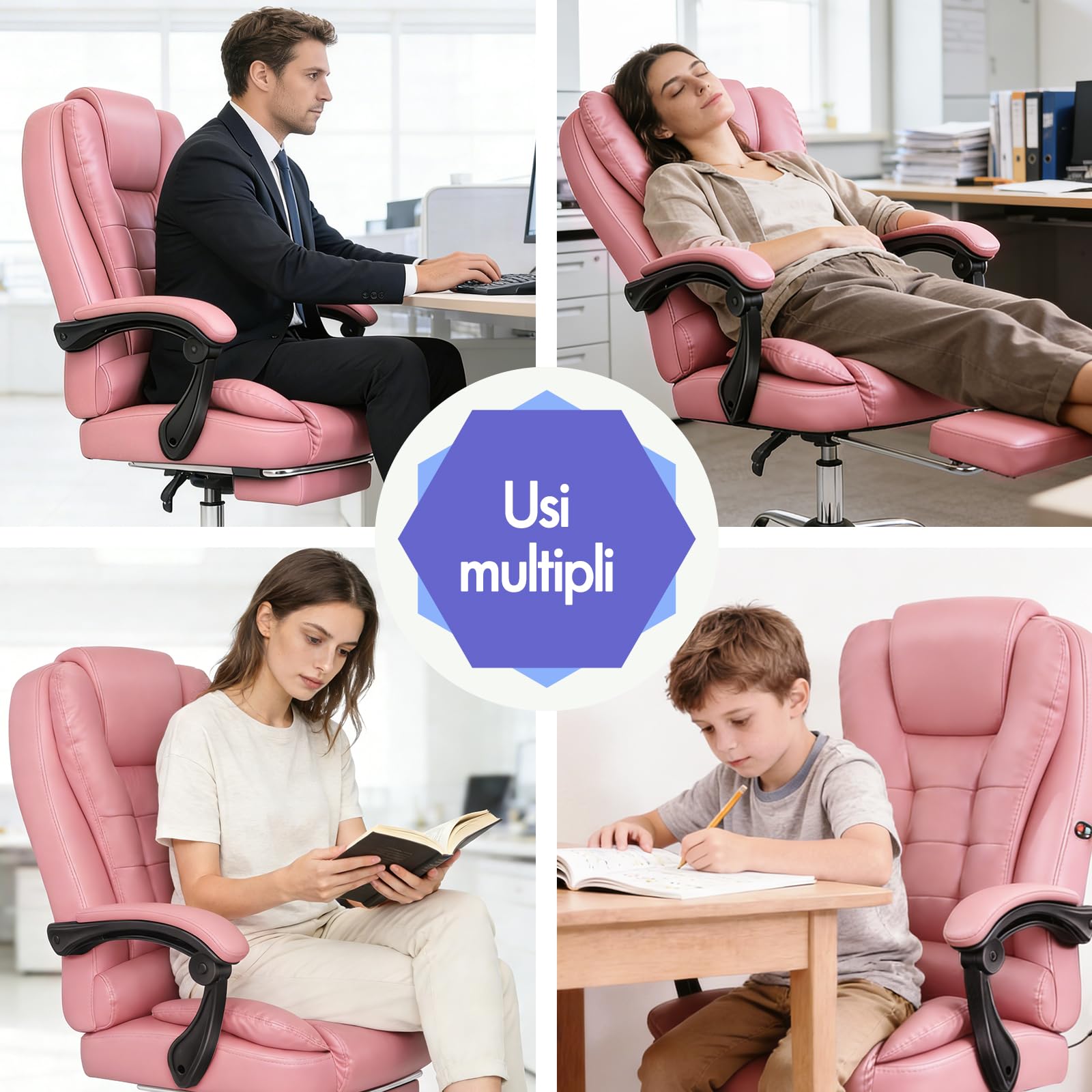 ALFORDSON Sedia Ufficio Ergonomica con Massaggio, Sedia Scrivania con Poggiapiedi e Supporto Lombare, Poltrona Girevole con Rotelle per Studio e Sala Riunioni, Similpelle(Rosa)