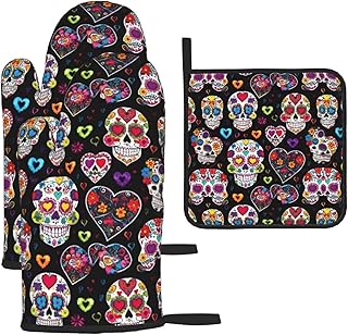 Sugar Skulls Print Oven Mitts and Pot Holder Set, Gloves for Kitchen, Grill and Oven Use