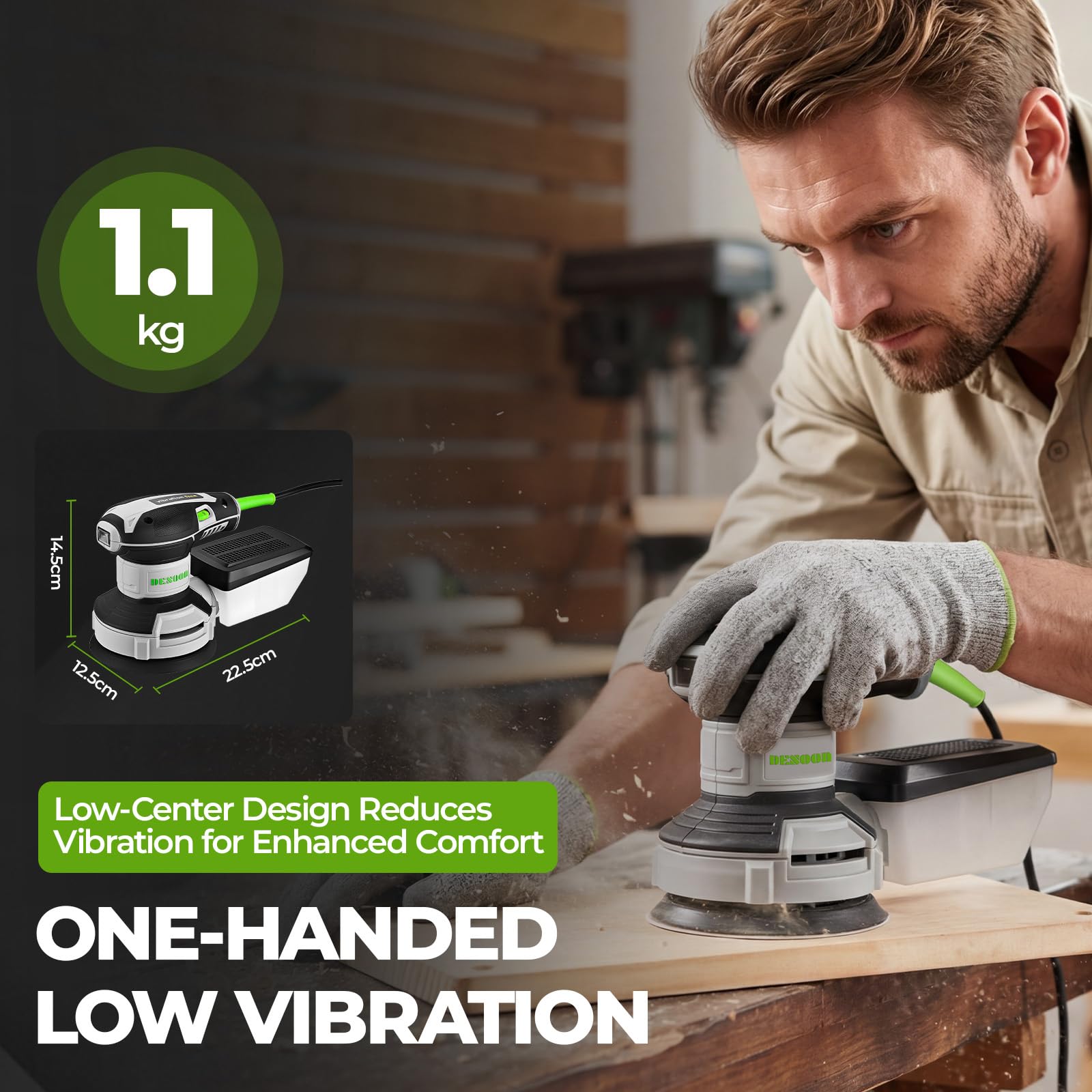Levigatrice eccentrica da 300 W, levigatrice per falegnameria DESOON, con 20 fogli abrasivi, 6 velocità regolabili, 14.000 rpm