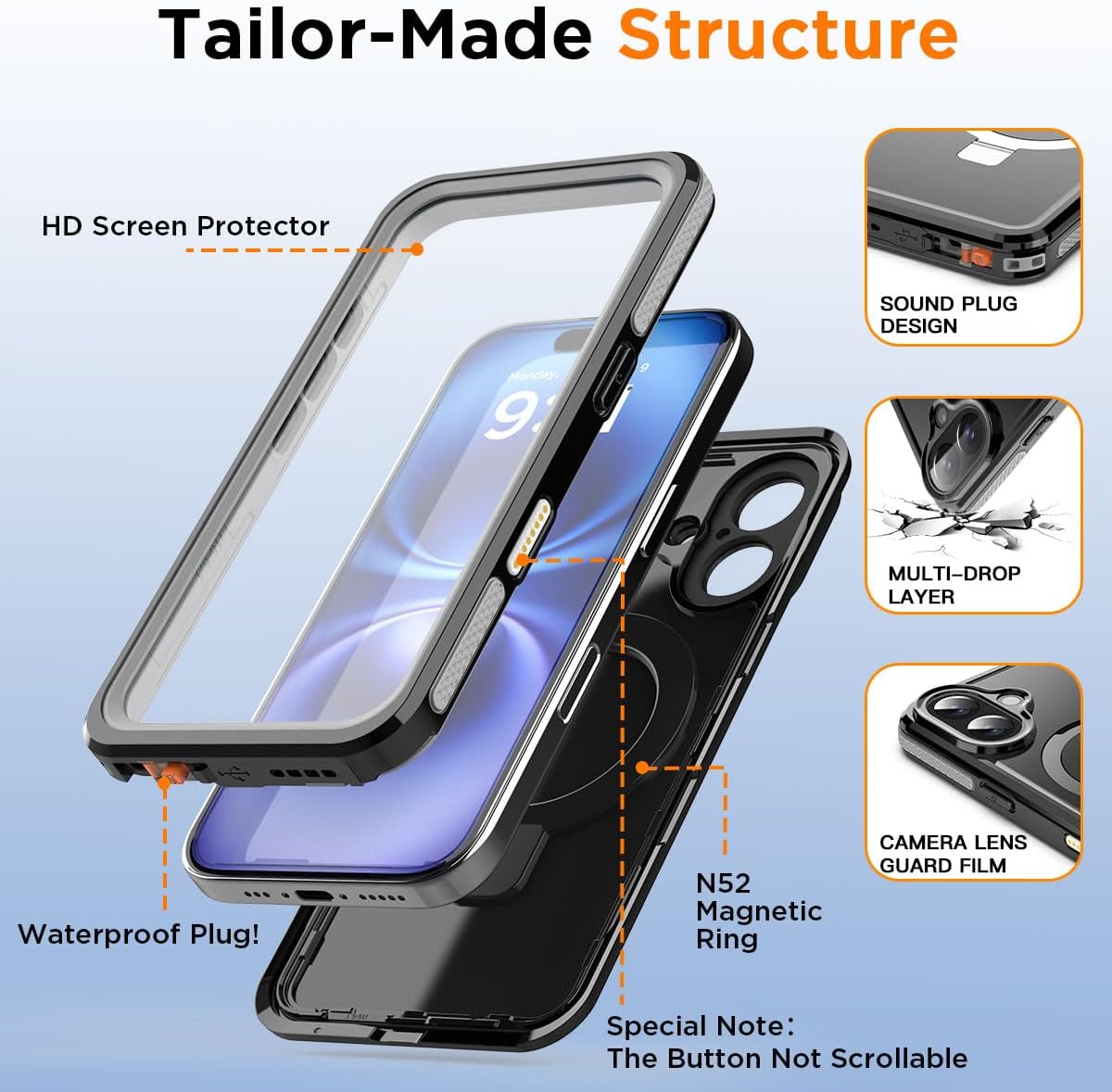 AICase Magnetic for iPhone 16 Case Waterproof Magsafe[Ring Invisible Stand & Screen Protector][IP68 Underwater][Dropproof][Dustproof][Real 360] Shockproof Protective Phone Case 6.1''2024