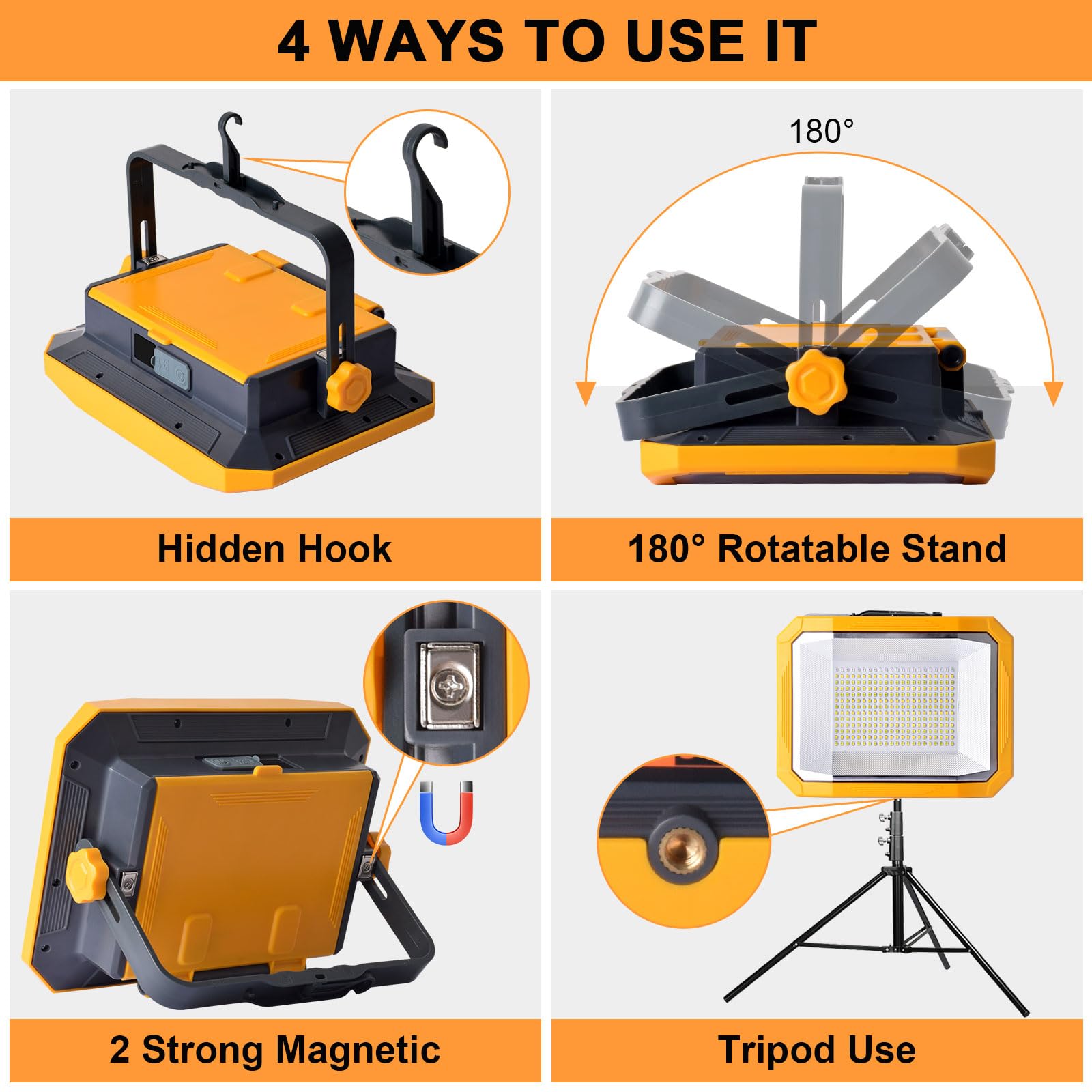 Projecteur LED Rechargeable 100W, Projecteur LED Chantier Portable 12000LM Super Lumineux 13000mAh avec 2 Panneau Solaire, 4 Modes d'éclairage pour Site de Construction, Camping, Atelier