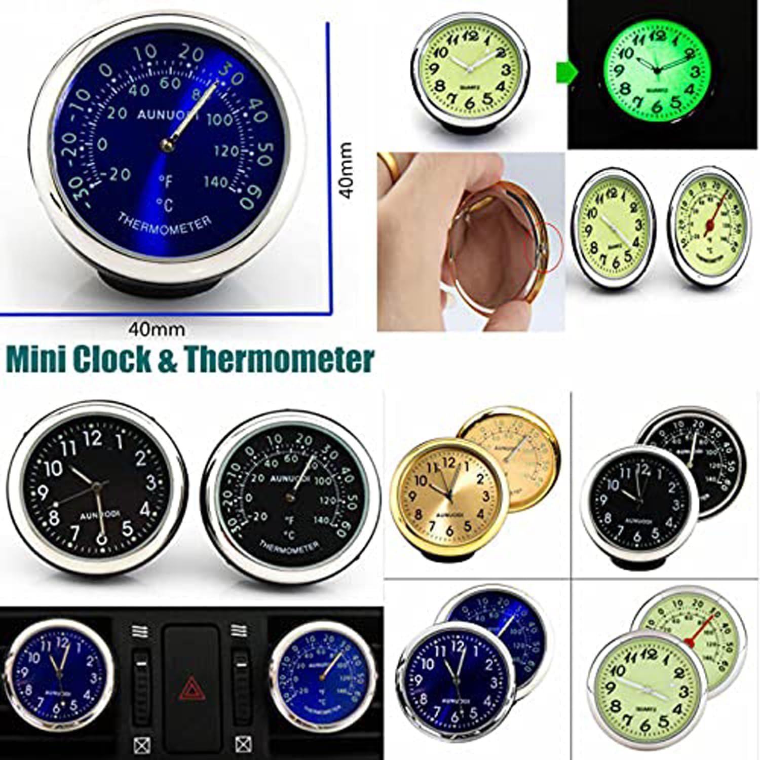 Riloer Car Monitor Clip/Stick-on Clock Thermometer Quartz Digital Luminous Automotive Thermometer + Clock Set, 2-Pack, Blue