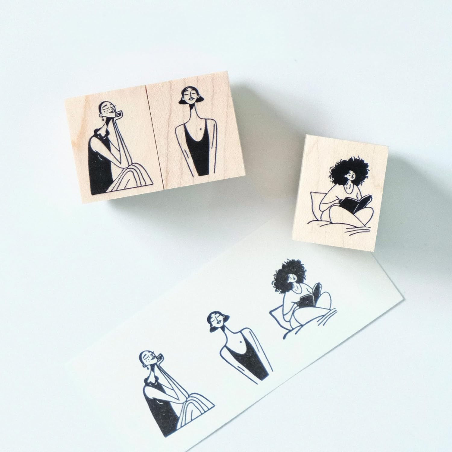 WT Muse + Carefree + Reader Stamp Set, 3PCS Original Character Wooden Rubber Stamps for Journaling, Planner Decoration, Scrapbooking, Diary, Card Making & DIY Crafts