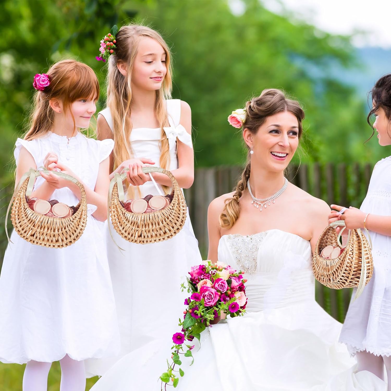 Taiyin Rattan Flower Girl Basket Small Half Moon Straw Wicker Basket with Handle Ideal for Wedding Flower Girl,Picnic,Garden Storage and Home Decor(White Ribbon)