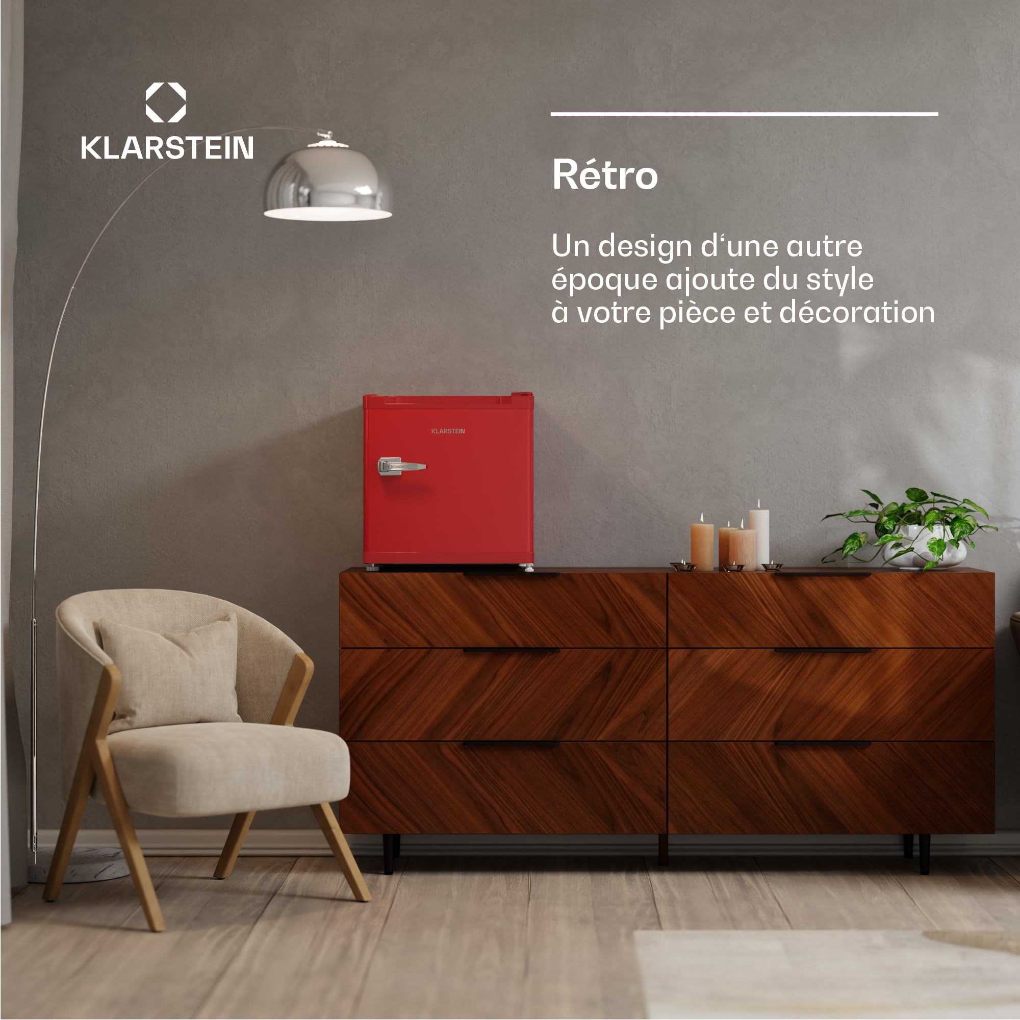 KLARSTEIN Irene Retro Mini congélateur, réfrigérateur congélateur 31 L,Température ajustable -24°C à 10°C, Économie d'énergie Classe C, Silencieux 38 dB, Design Compact Rouge, Petit Congélateur