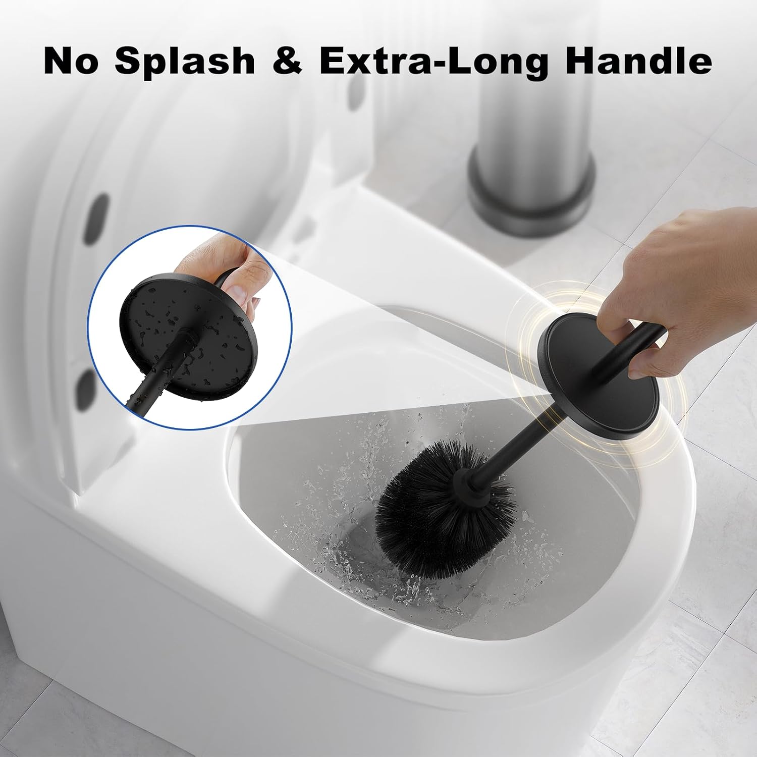 Black Toilet Brush and Holder Set，Stainless Steel Heavy Duty Toilet Bowl Brush，Extra Long Handled Modern Toilet Cleaner Brush with Replaceable Head, Removable Inner Bowl，Space Saving image 3
