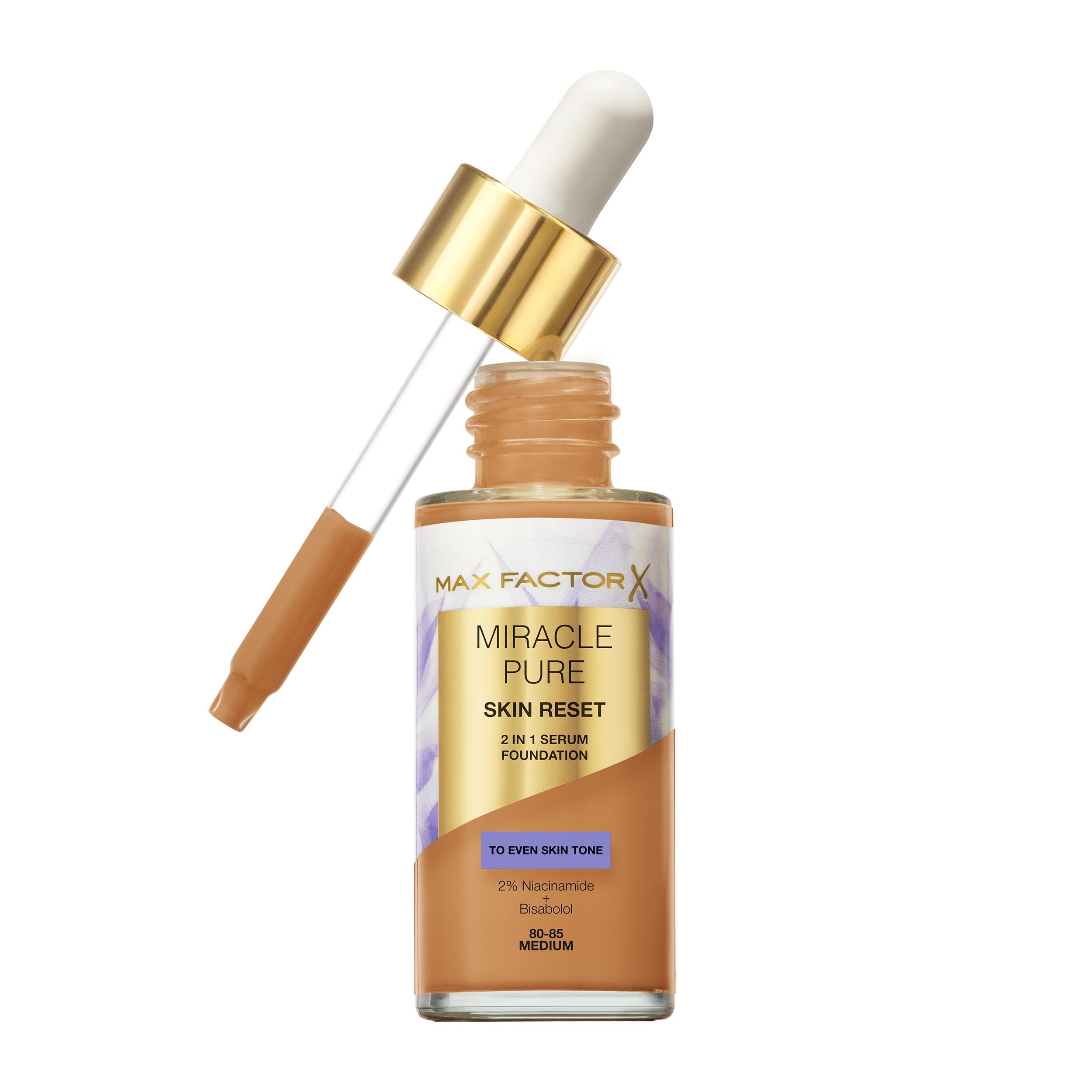 Max Factor Miracle Pure Skin Reset Serum Foundation 80-85 Medium, 2-in-1 Serum Formula, Healthy Looking Skin, Medium Coverage