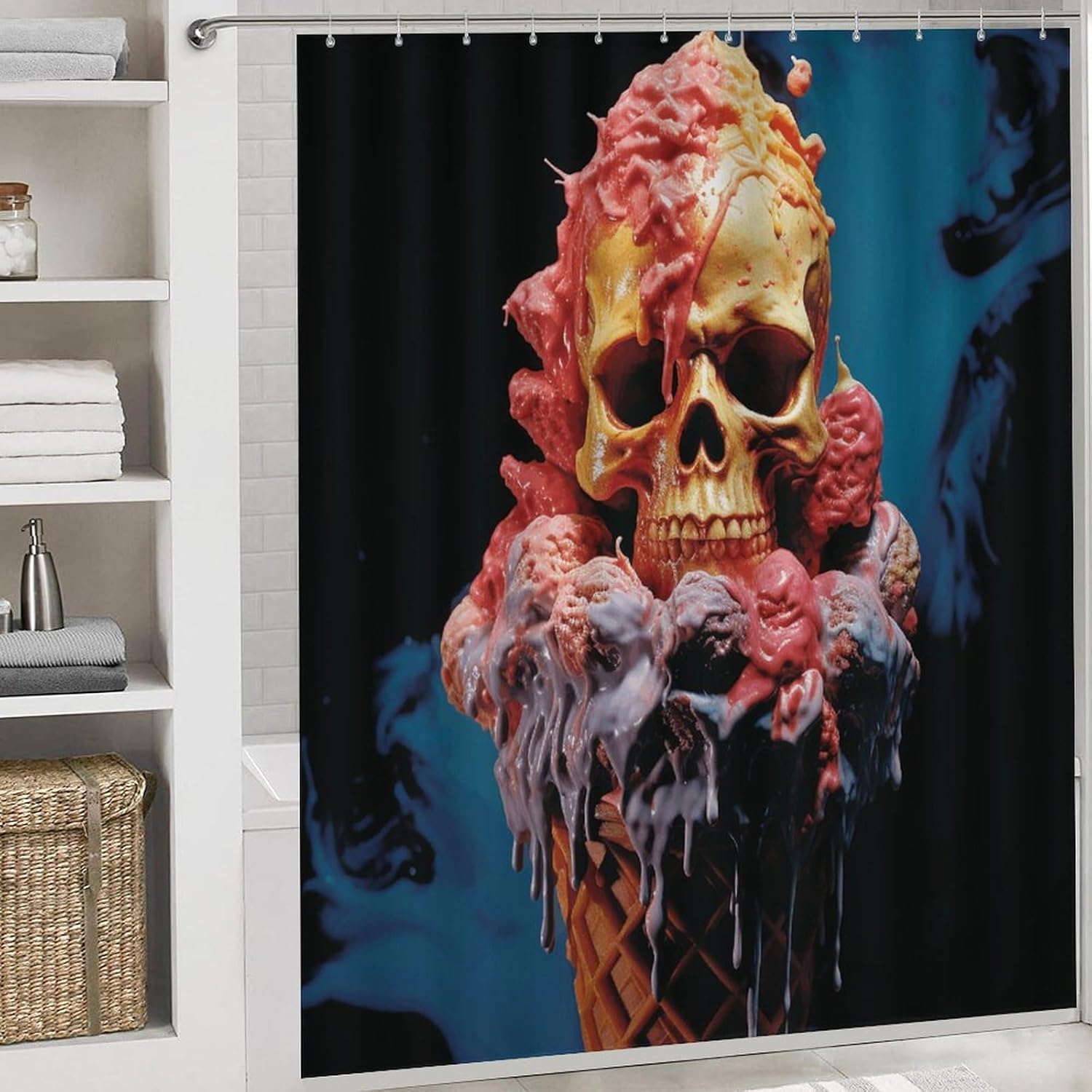 Egg Rolls and Skulls 4Pcs Shower Curtain Set with Non-Slip Rugs, Toilet Lid Cover and Bath Mat,Bathroom Set Decor Accessories,Curtain Set with 12 Hooks, 72 X 72 Inch