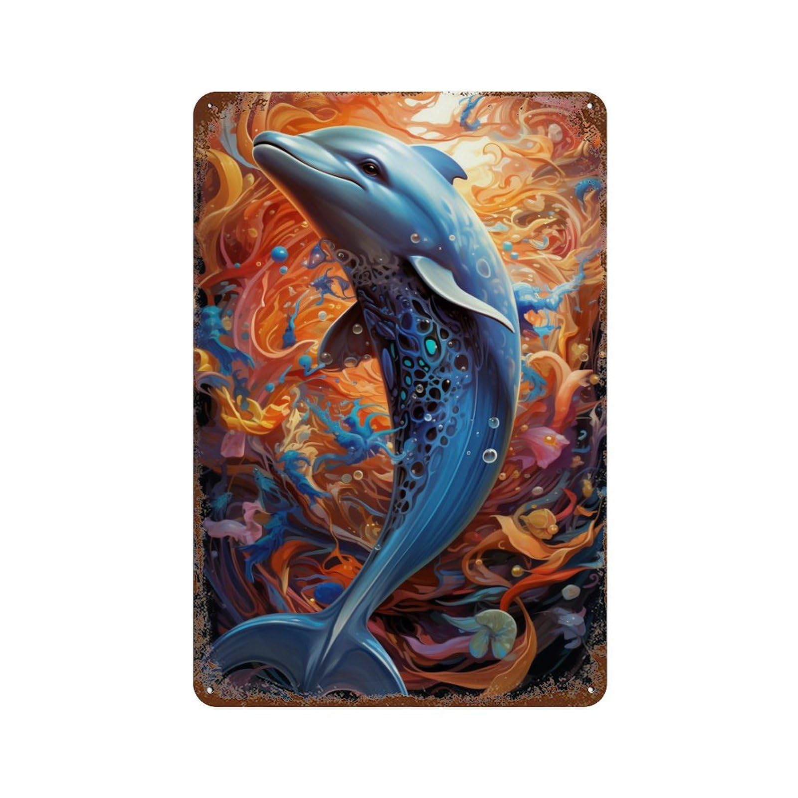 Garage Style Colorful Dolphin Artwork Aged Metal Wall Plaque 11.8"x7.9", Novelty Wall Decor for Bar And Workshop