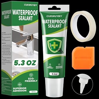 Silicone Caulk 5.3 Oz Squeeze Tube Waterproof Silicone Sealant for Kitchen Bathroom, Stronger Adhesion White Caulk for Window Toilet Sink Door Caulking Sealant with Tape and Scraper, 1 Pack
