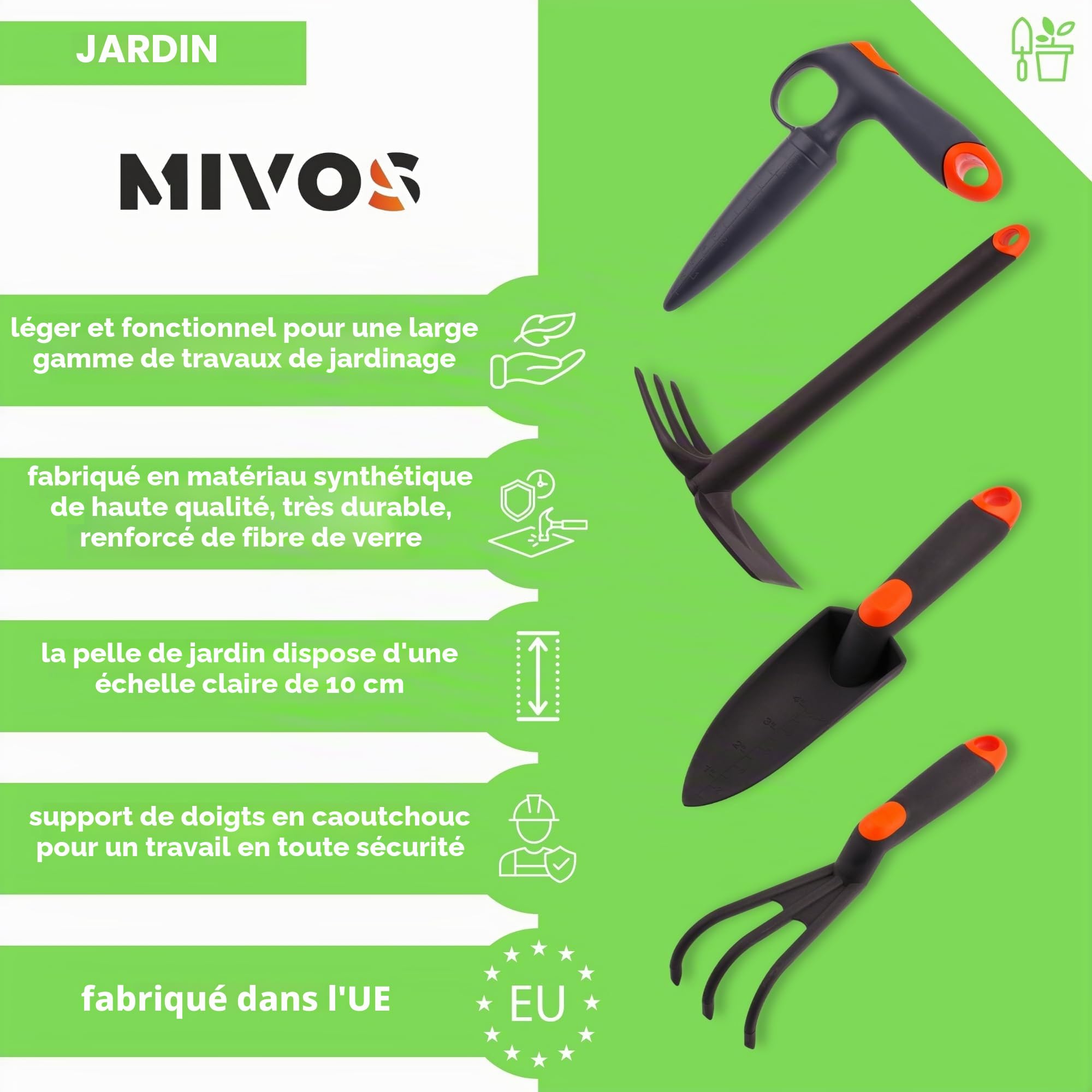 MIVOS Kit d'entretien Outils à Main de Jardin pour Plantes et Jardinage - Bâton de Plantation - Truelle de Fleurs - Double Binette - Mini Râteau - Plastique Renforcé de Fibre de Verre