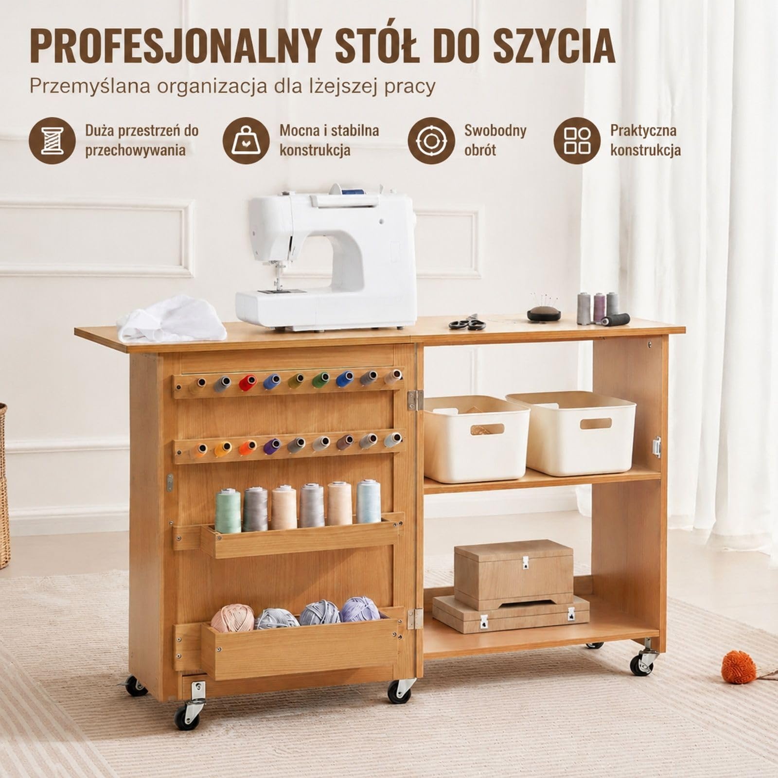 Składany stół do maszyny do szycia z kółkami, półkami, schowkami, drewnianymi kołkami i magnetycznymi drzwiczkami, MDF i PB, naturalny kolor drewna