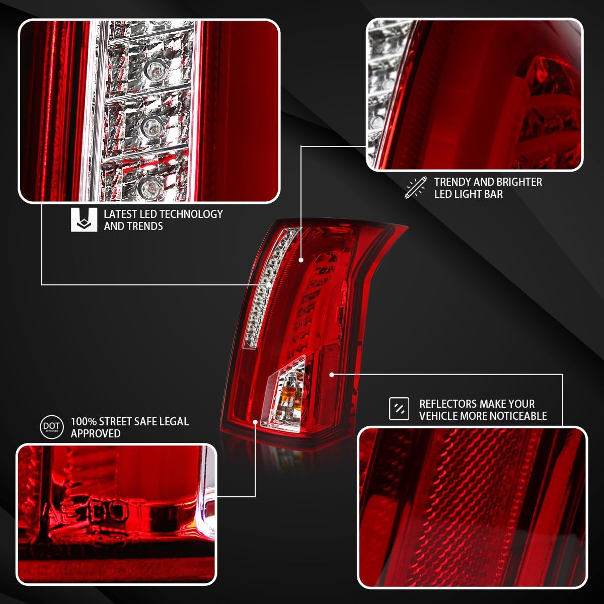 Autozensation Compatible with 2003-2007 Cadillac CTS, Left + Right Pair Assembly, Chrome Red LED Bar Tail Lights