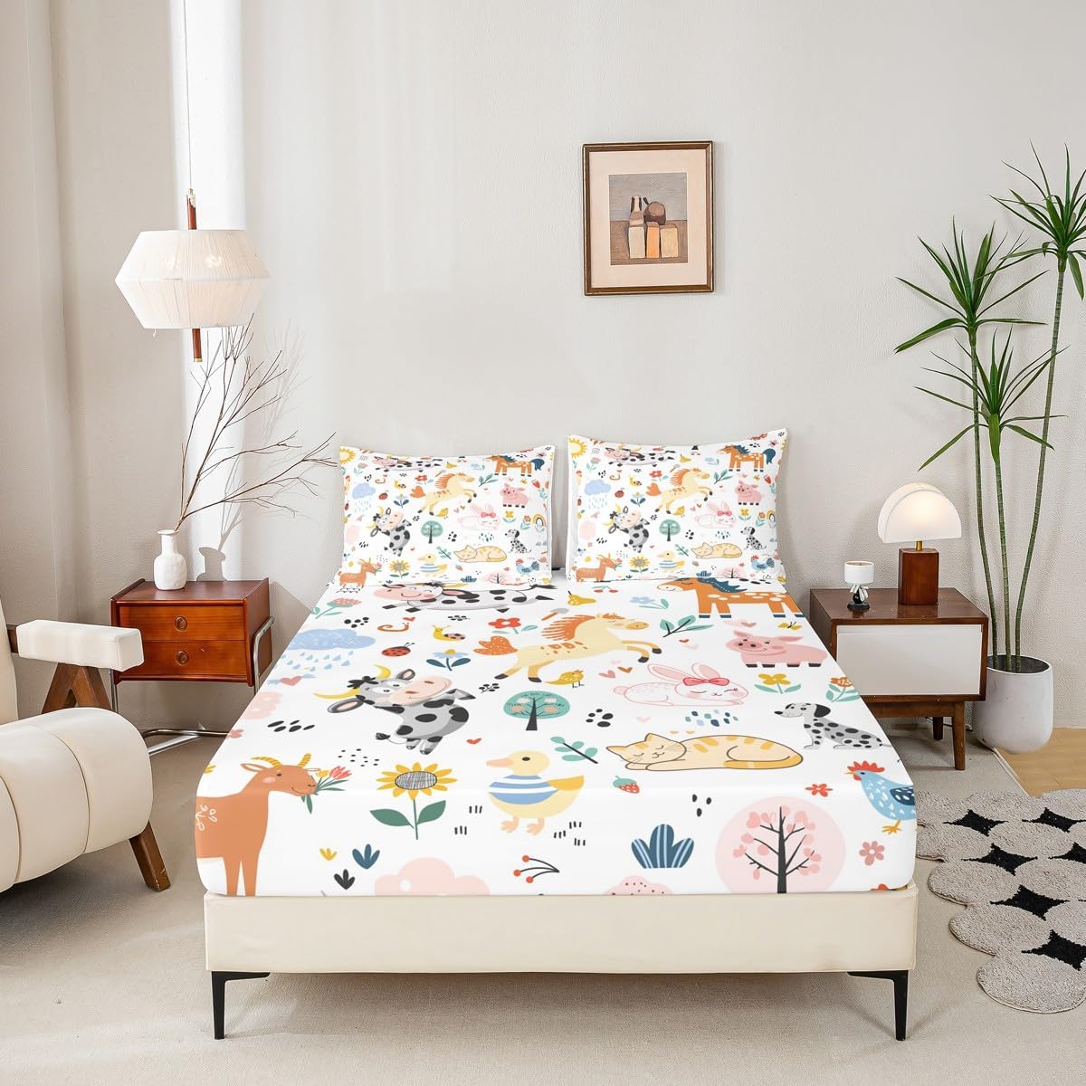 Erosebridal Kawaii Bedding Set Farm Animal Fitted Sheet for Kids Toddler,Cartoon Horse Pig Rabbit Dog Cat Duck Sheep Cute Sheet Set Rainbow Boho Floral Bed Cover Queen,Cock Snail Kawaii Room Decor