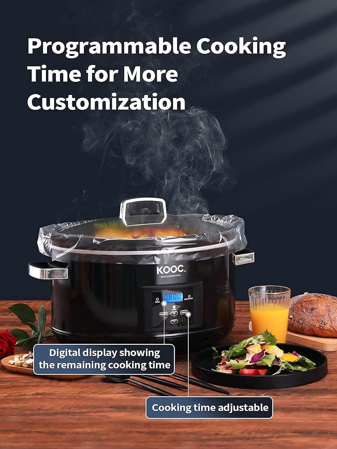[Bundle Group] KOOC Programmable Slow Cooker 8.5-Quart (with 5 Bonus Free Liners) + Additional 3 Pack of 30 Liners for Easy Clean-up, Upgraded Pot, Adjustable Temp, Nutrient Loss Reduction